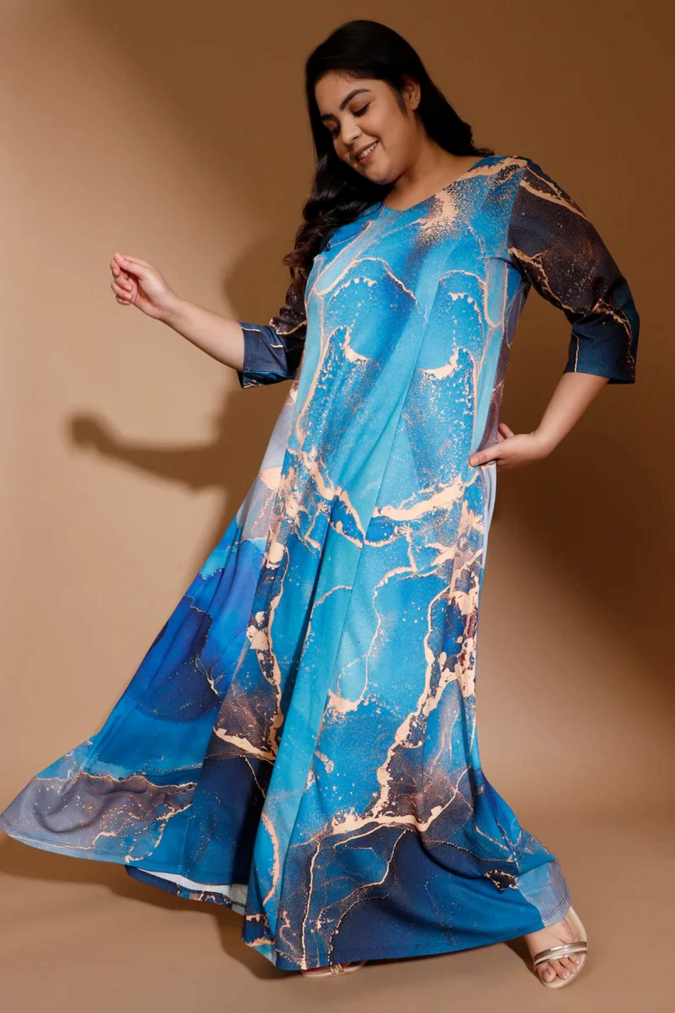 Golddust Printed Blue Plus Size Maxi Dress in Polyester Spandex Fabric for Women | Made to Order