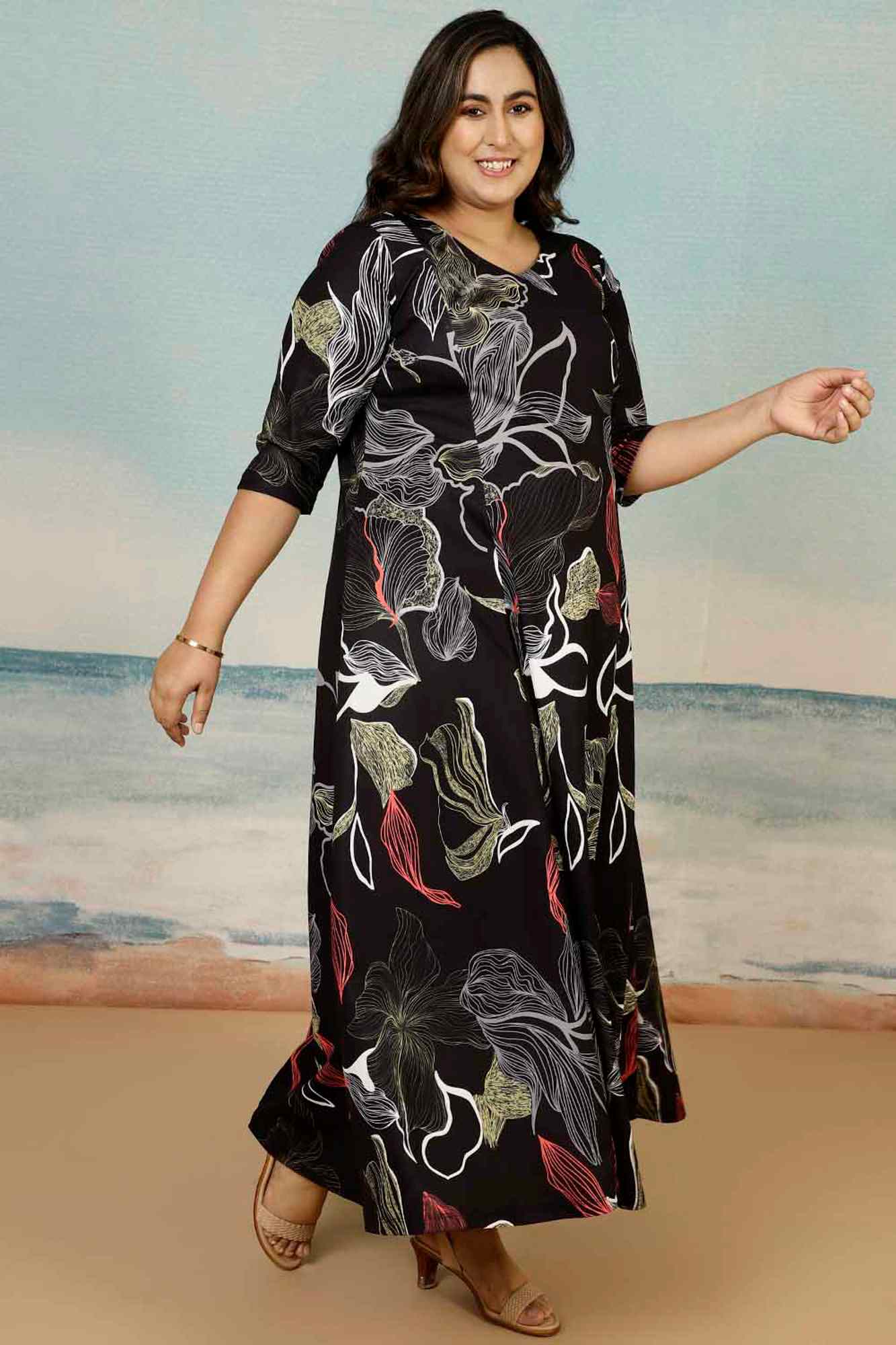 Black Floral Plus Size Dress in Polyester Spandex Fabric for Women | Made to Order
