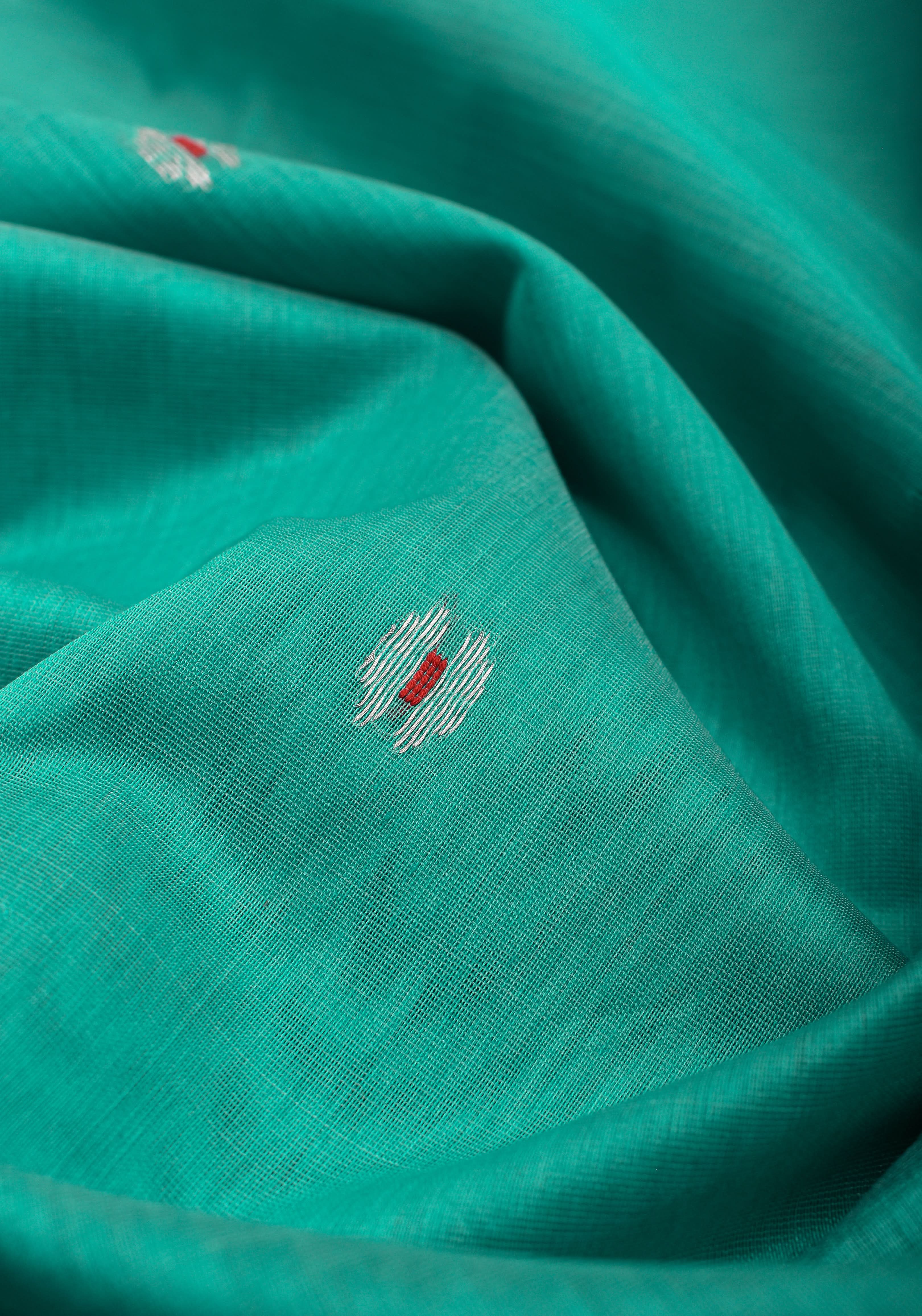 Handwoven Maheshwari Silk Cotton Saree  in Teal with minimal zari borders| Sarees By Shobitam