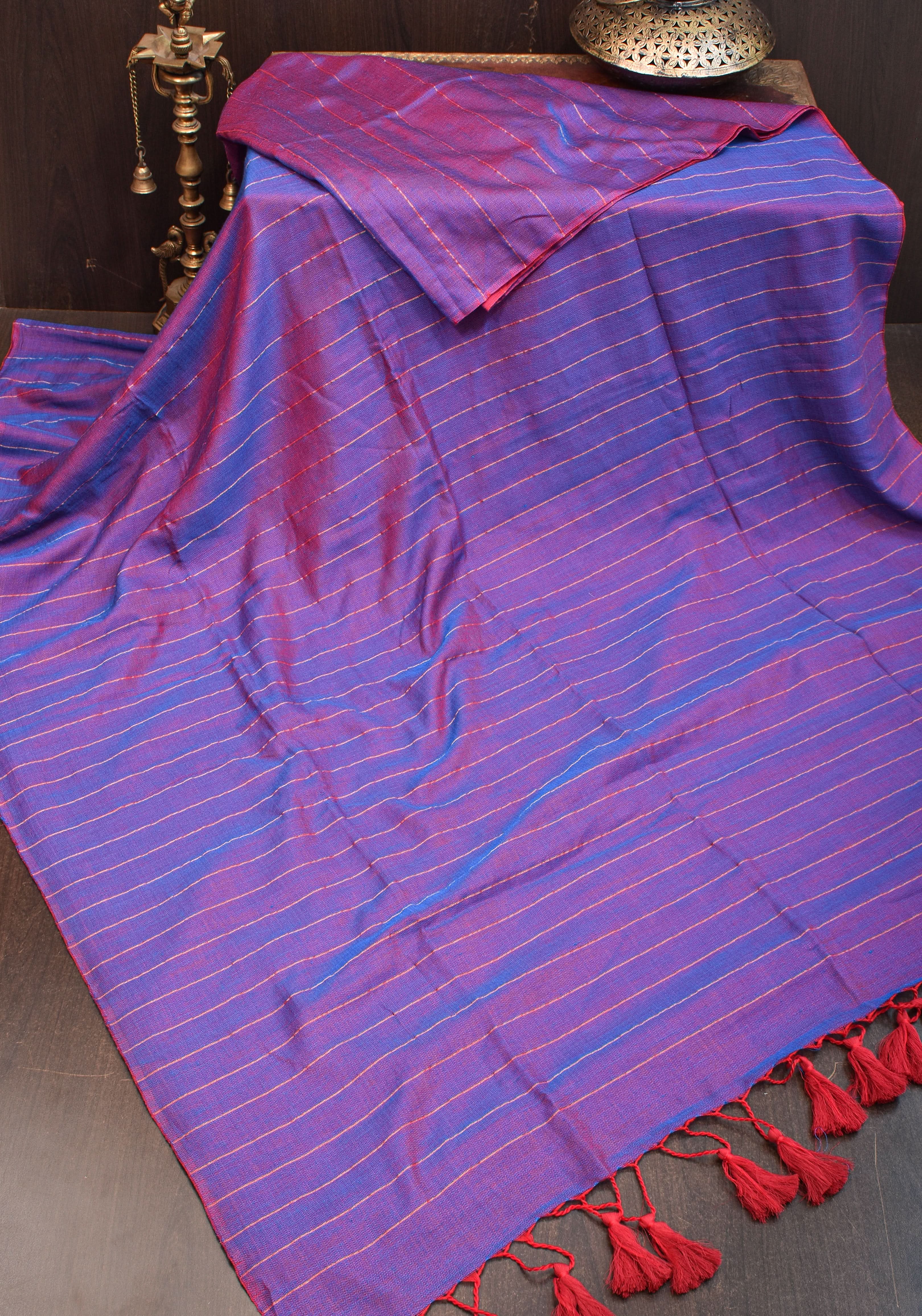 Reversible Maheshwari Saree in Mercerised Cotton with Extra Long tassles in Purple, no blouse Piece | Shobitam