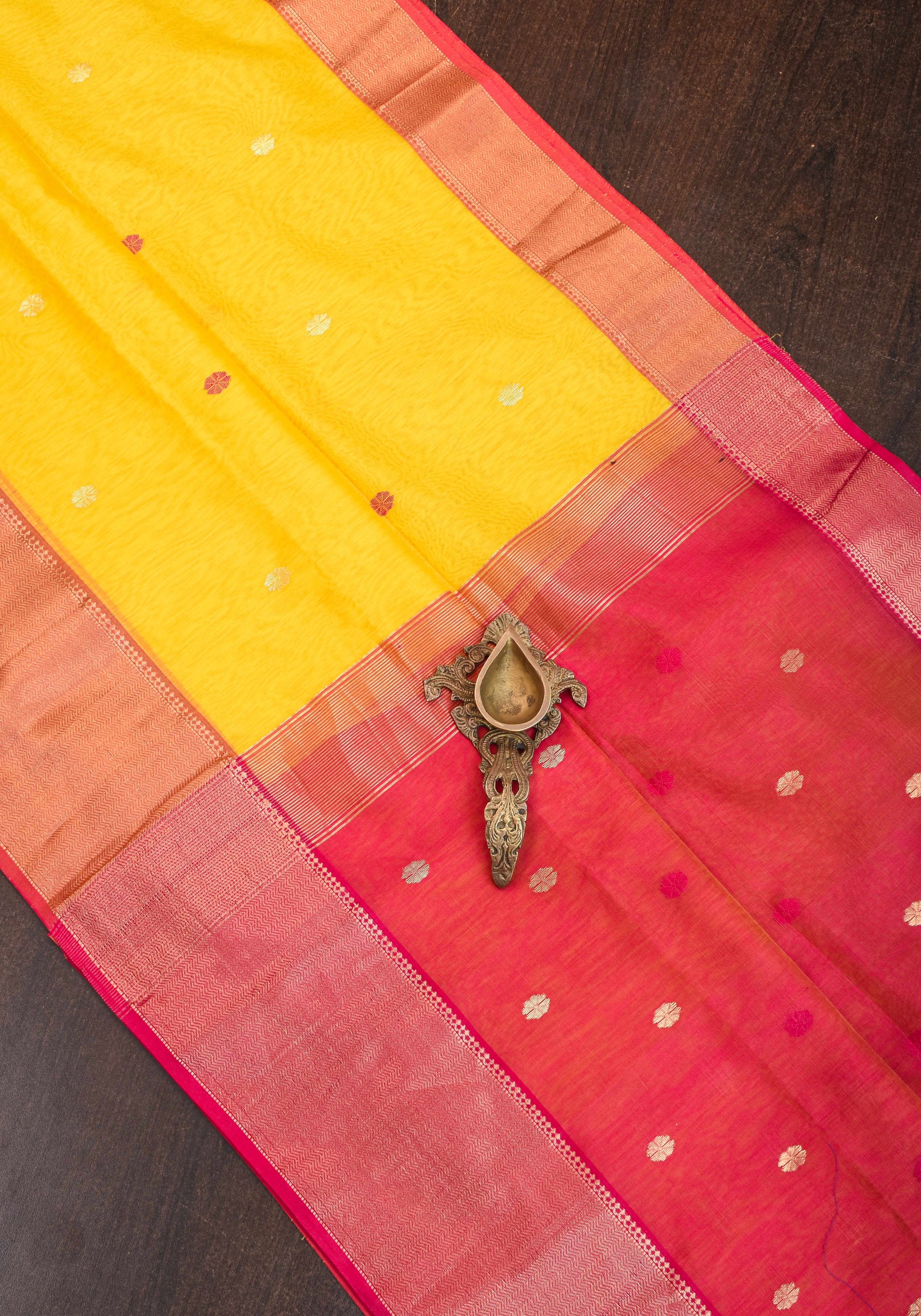 Handwoven Maheshwari Silk Cotton Saree in Yellow and Pink with zari borders | Shobitam