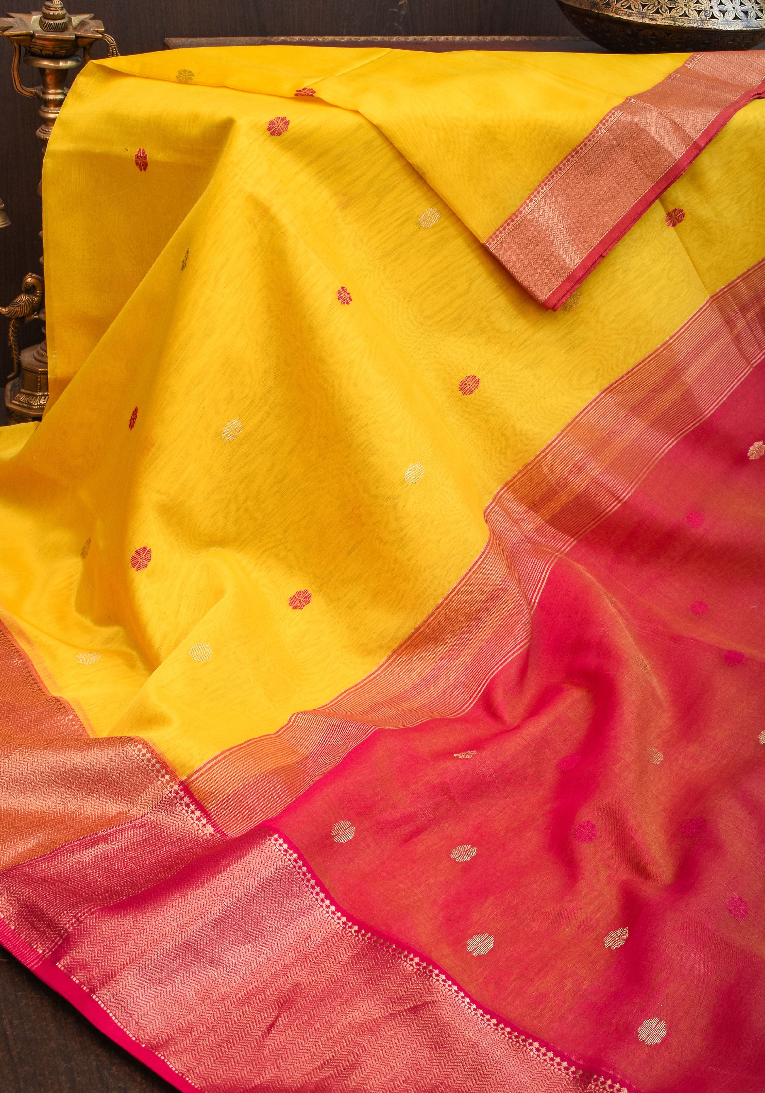 Handwoven Maheshwari Silk Cotton Saree in Yellow and Pink with zari borders | Shobitam