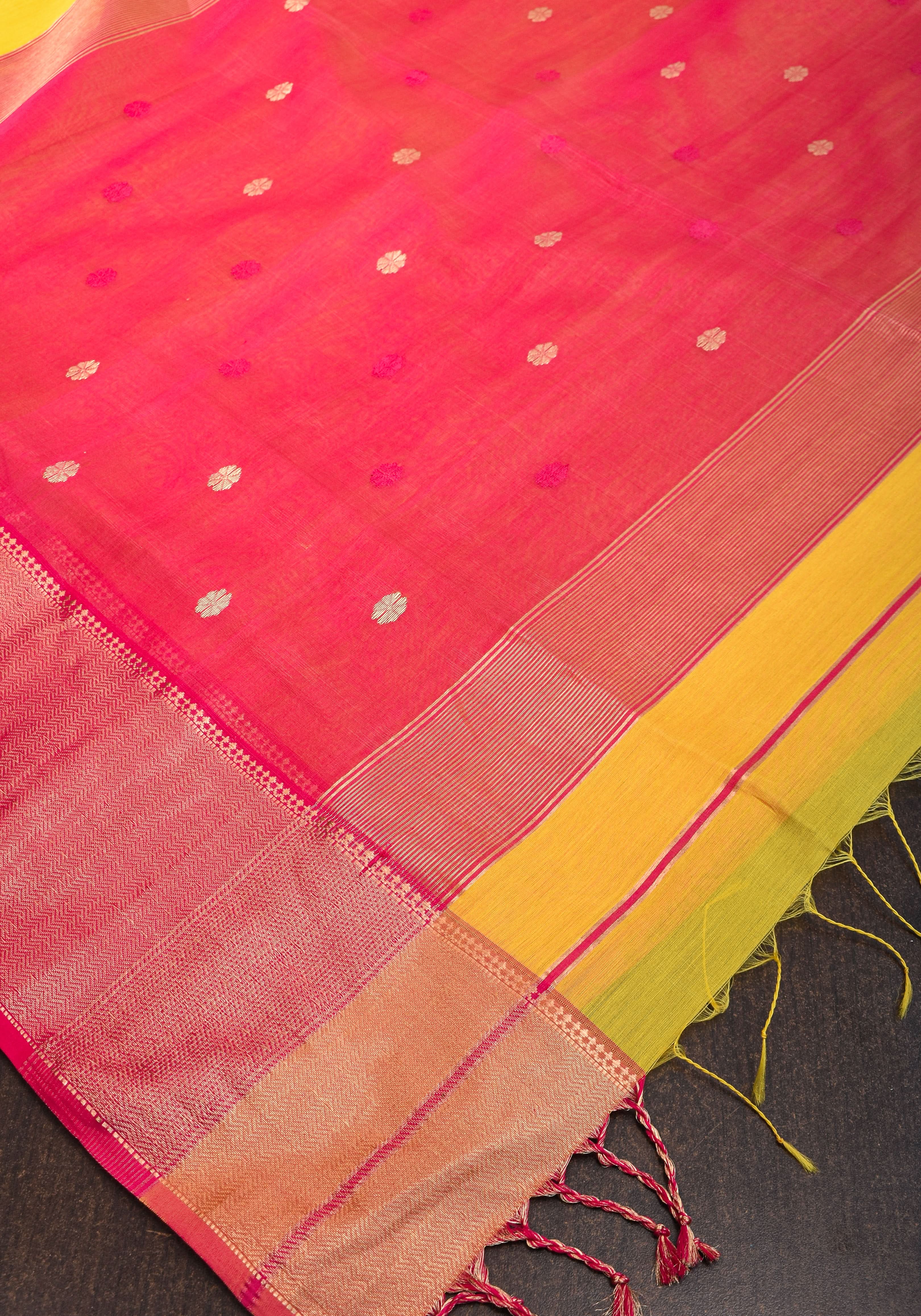 Handwoven Maheshwari Silk Cotton Saree in Yellow and Pink with zari borders | Shobitam