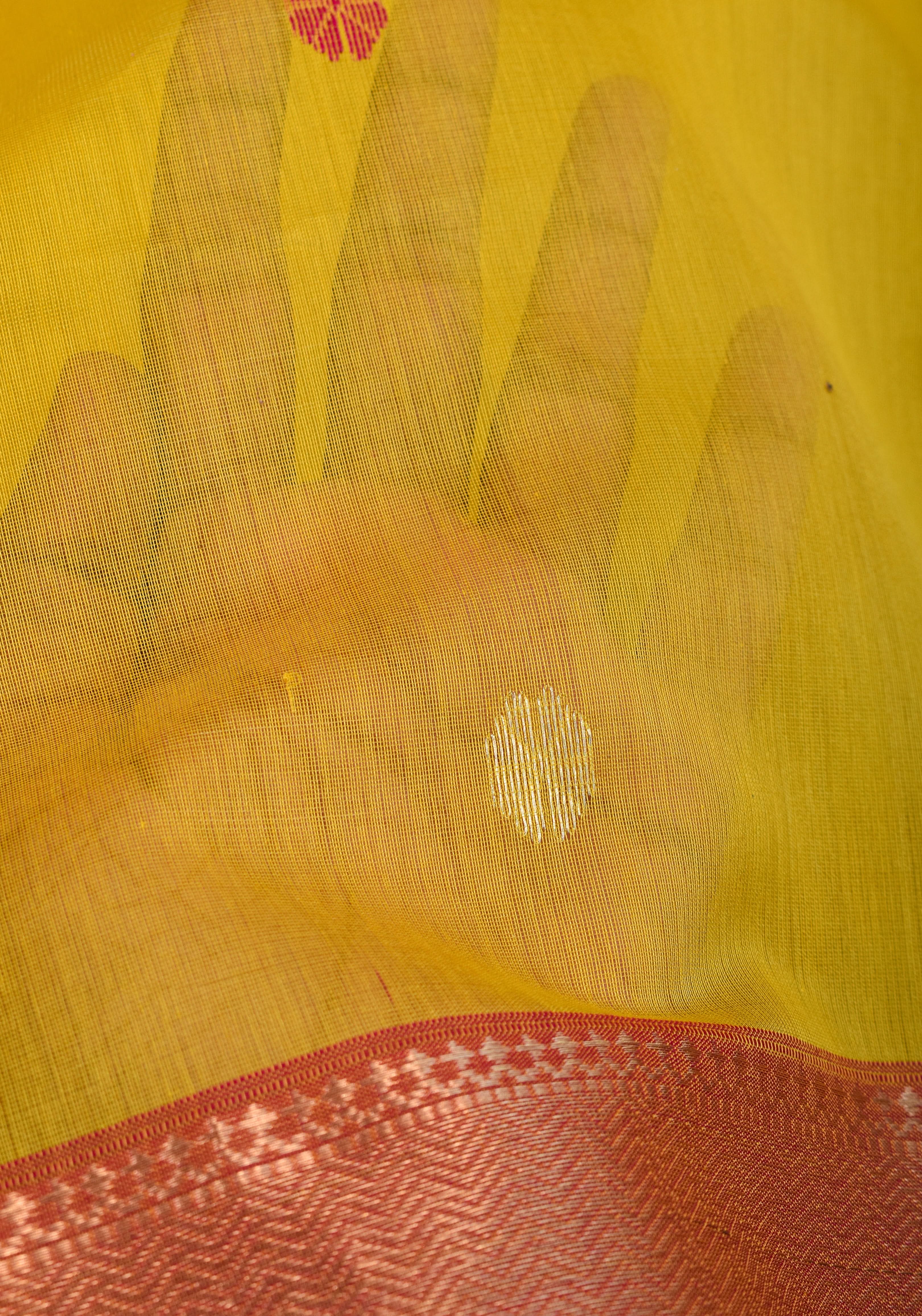 Handwoven Maheshwari Silk Cotton Saree in Yellow and Pink with zari borders | Shobitam