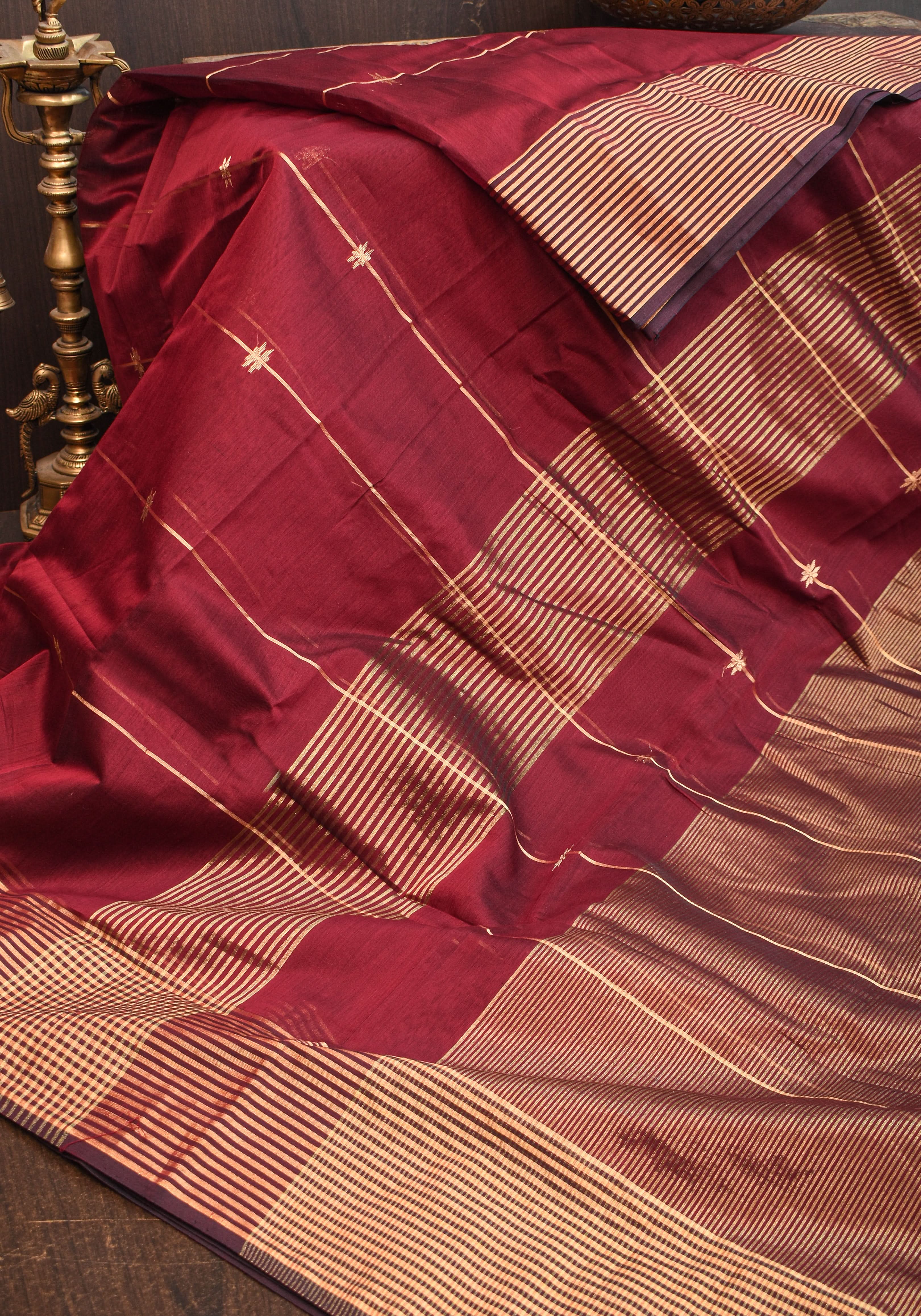 Maheshwari Silk Cotton Saree in Maroon with Stripes and Buttas | Shobitam