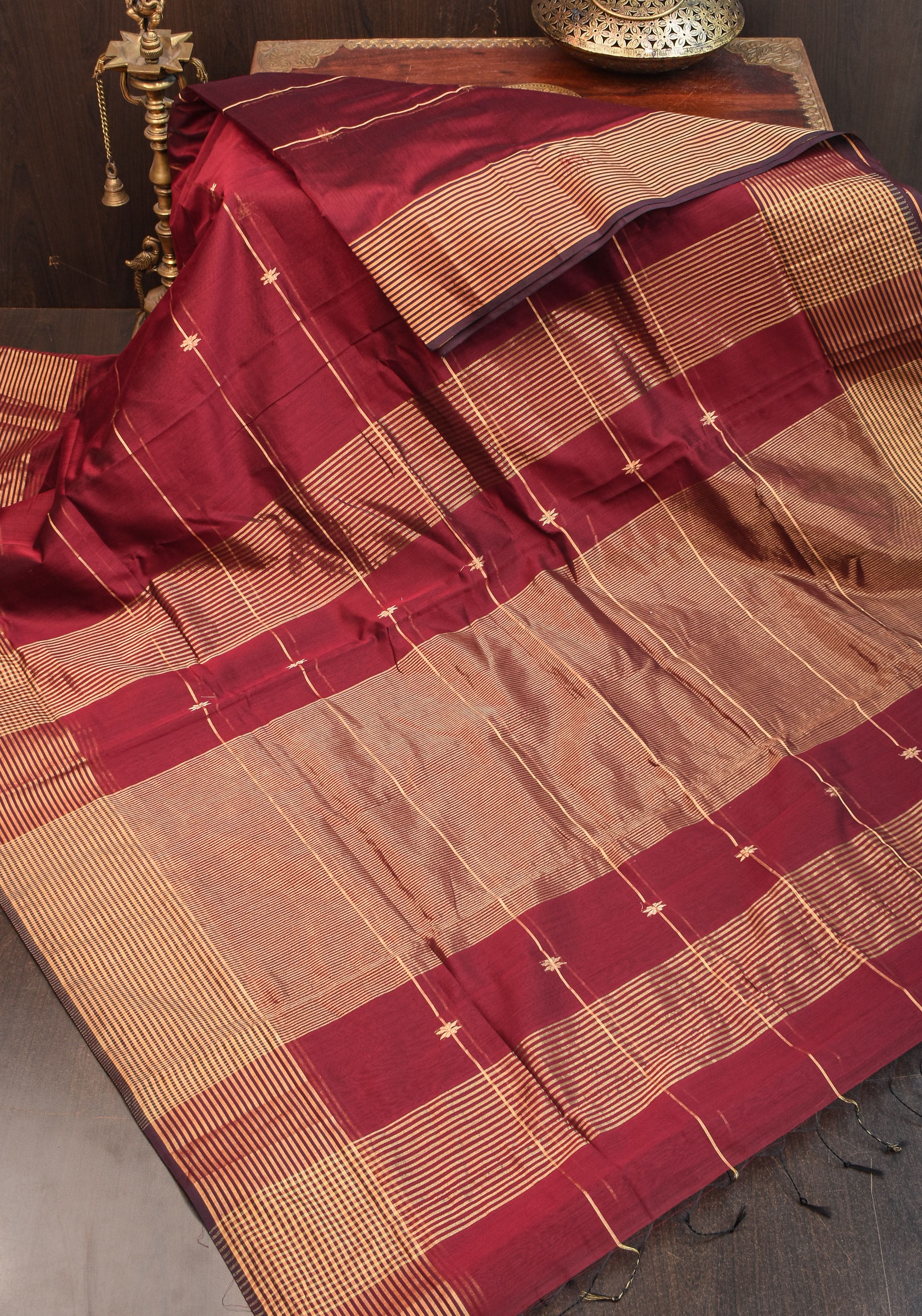 Maheshwari Silk Cotton Saree in Maroon with Stripes and Buttas | Shobitam