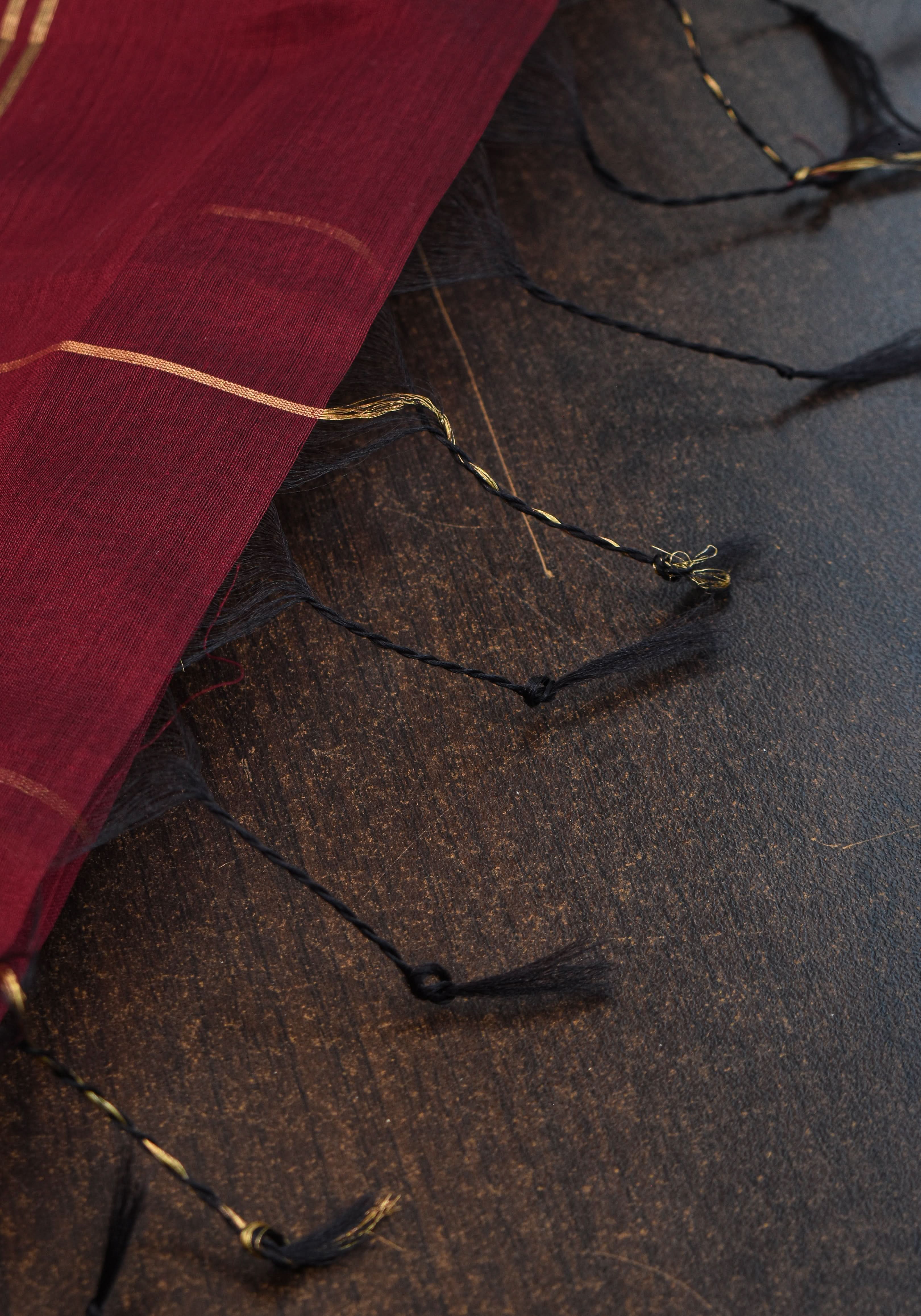 Maheshwari Silk Cotton Saree in Maroon with Stripes and Buttas | Shobitam