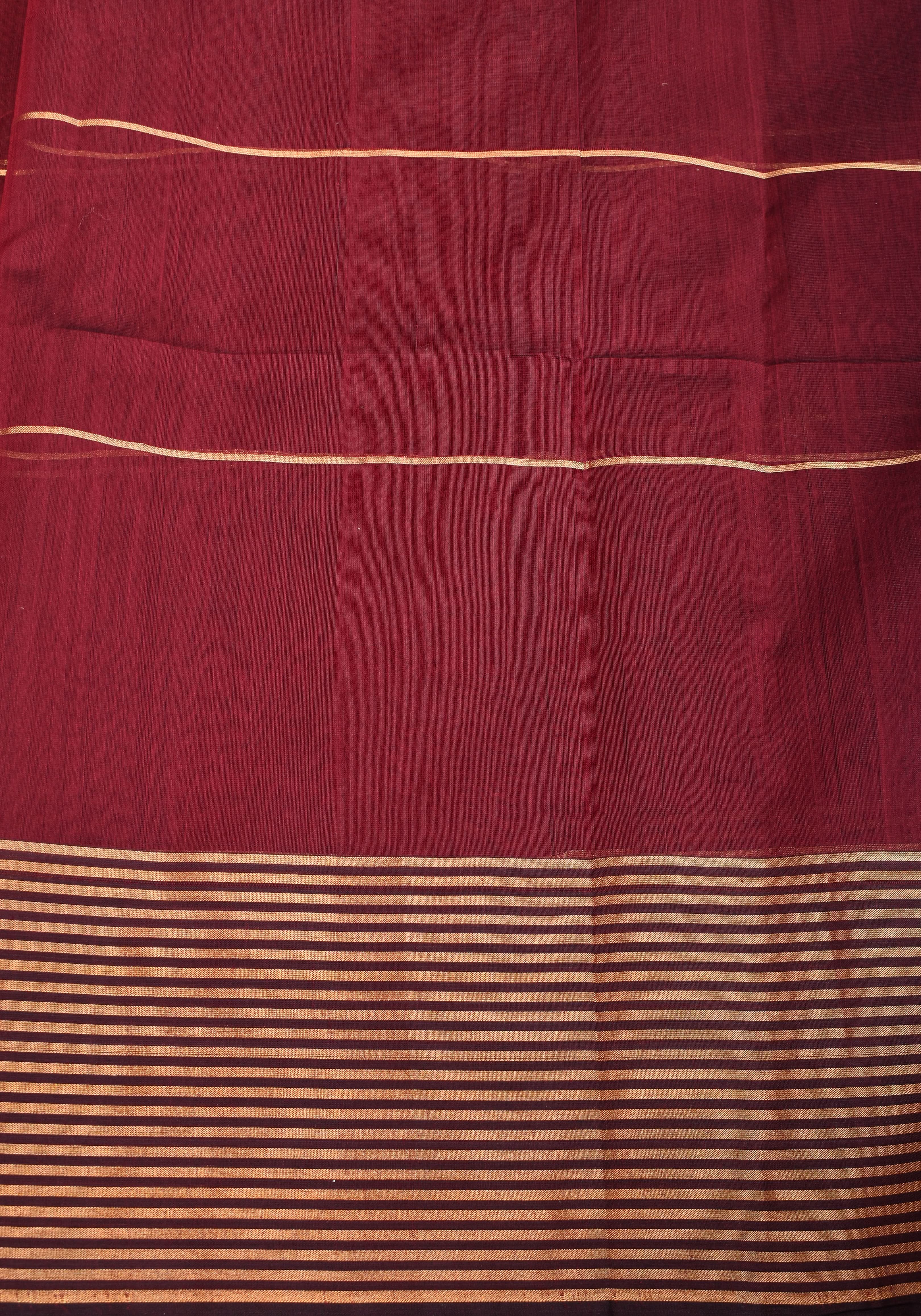 Maheshwari Silk Cotton Saree in Maroon with Stripes and Buttas | Shobitam
