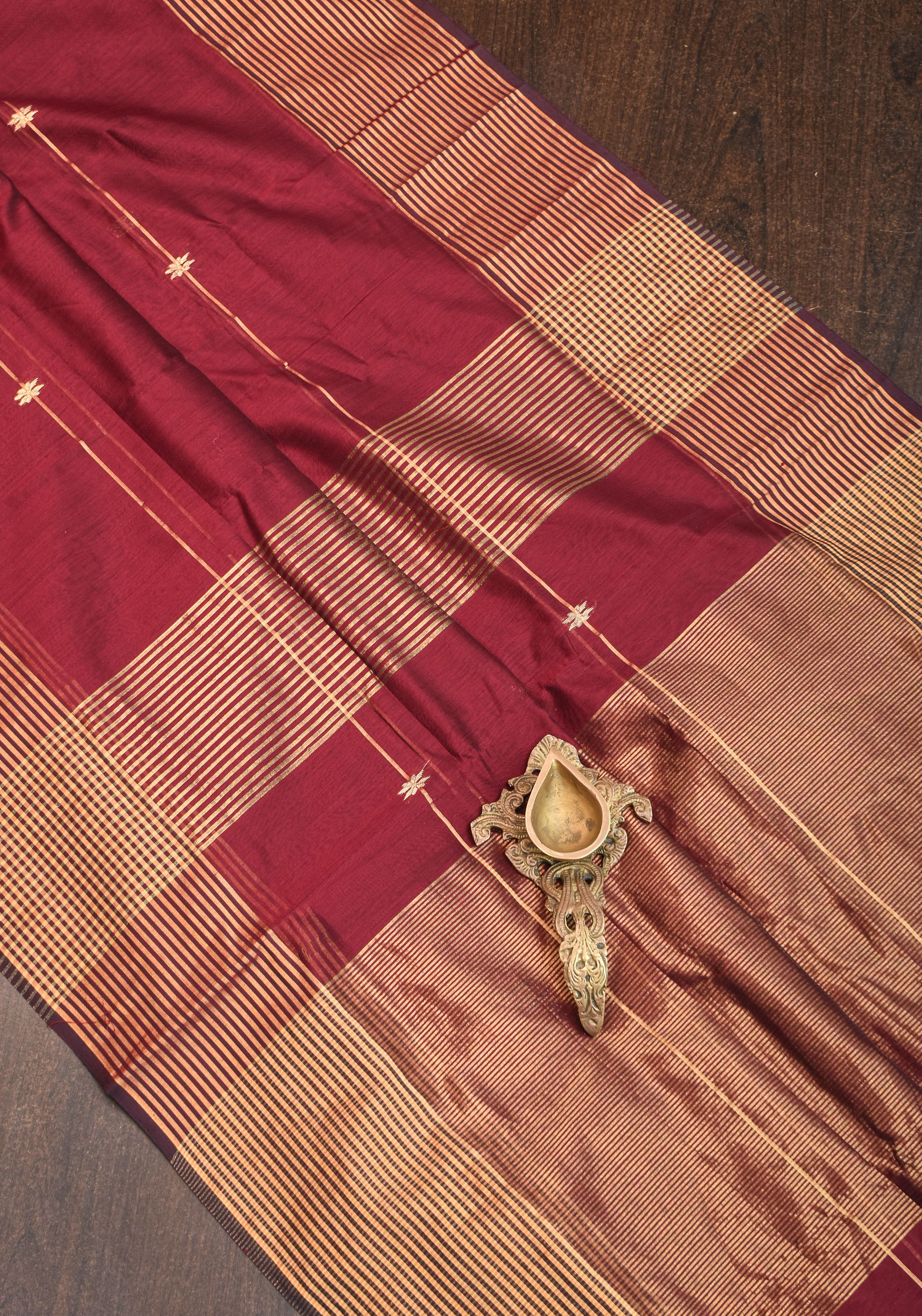 Maheshwari Silk Cotton Saree in Maroon with Stripes and Buttas | Shobitam