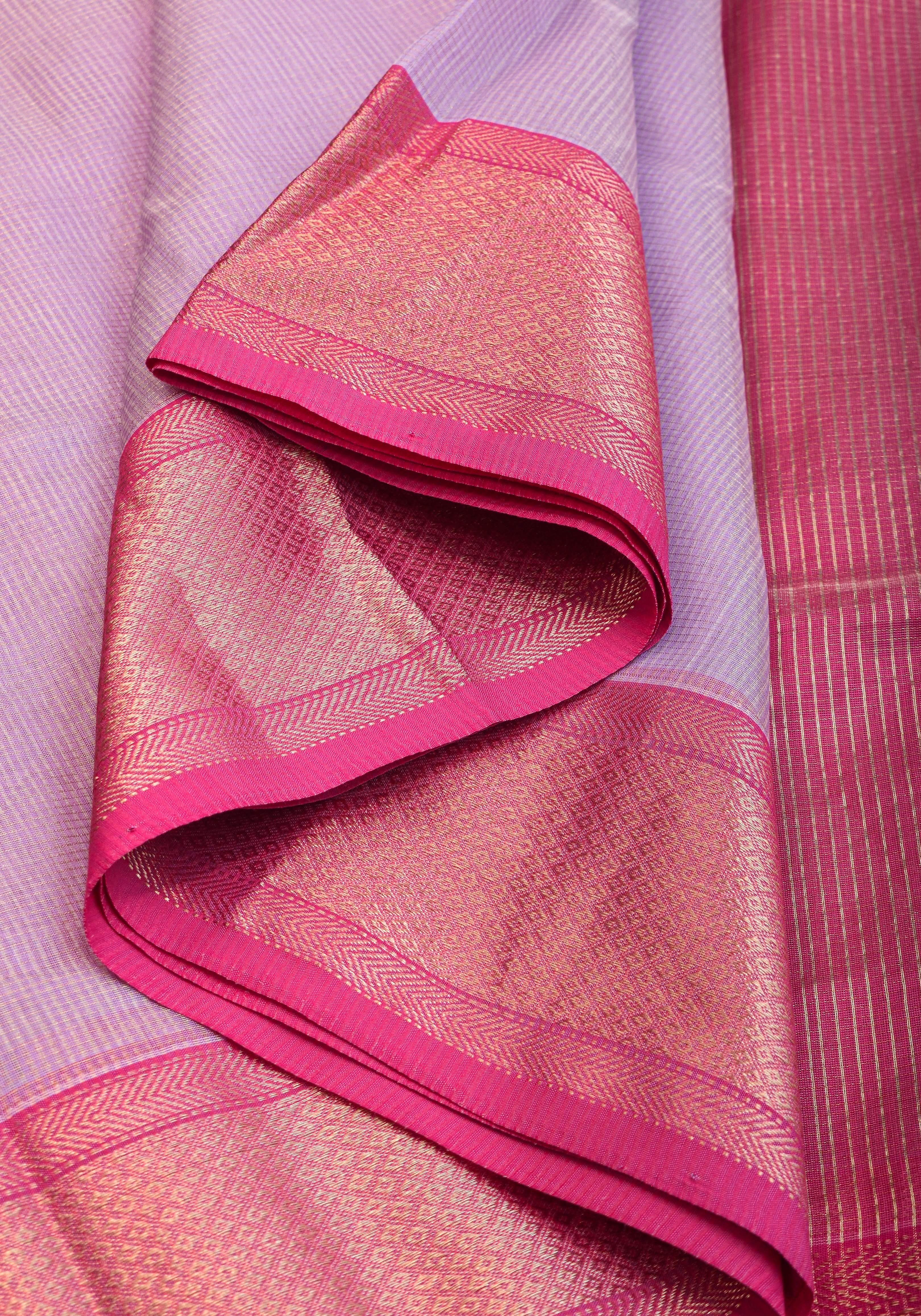 Handwoven Maheshwari silk cotton saree in Lilac with Pink | Shobitam