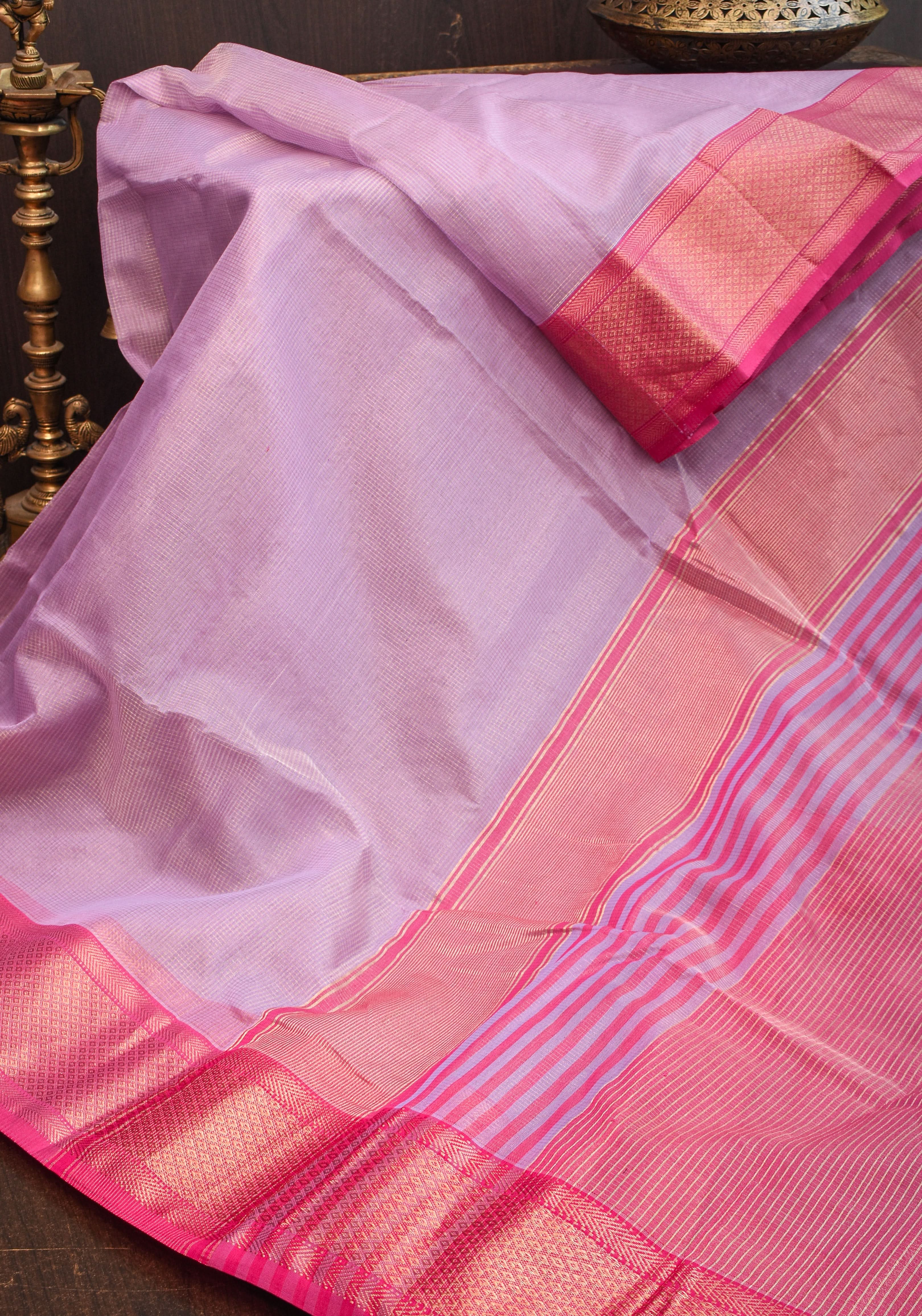 Handwoven Maheshwari silk cotton saree in Lilac with Pink | Shobitam