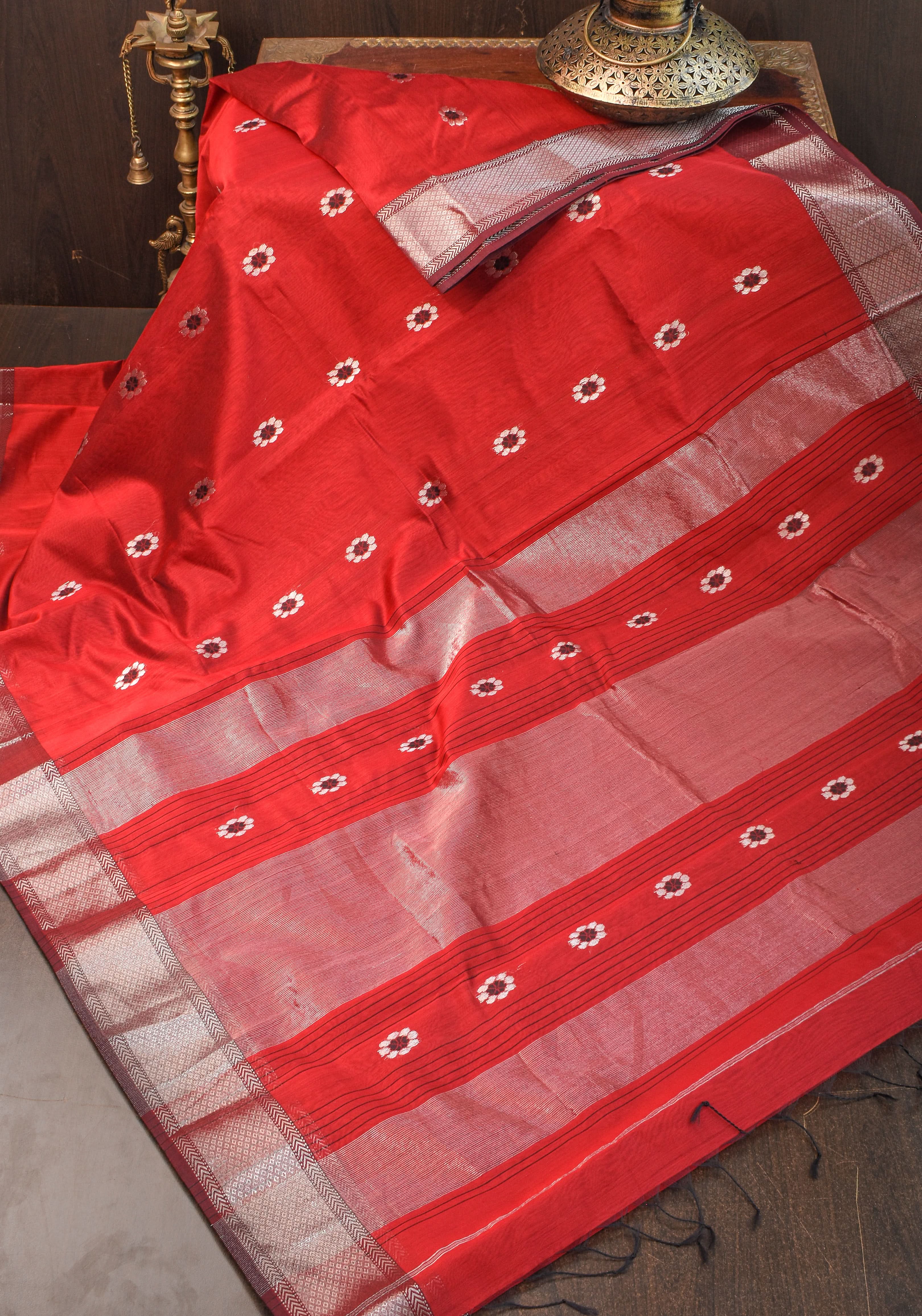 Exquisite Meenakari Handwoven Maheshwari Silk Cotton Saree in Red with meenakari buttas | Shobitam