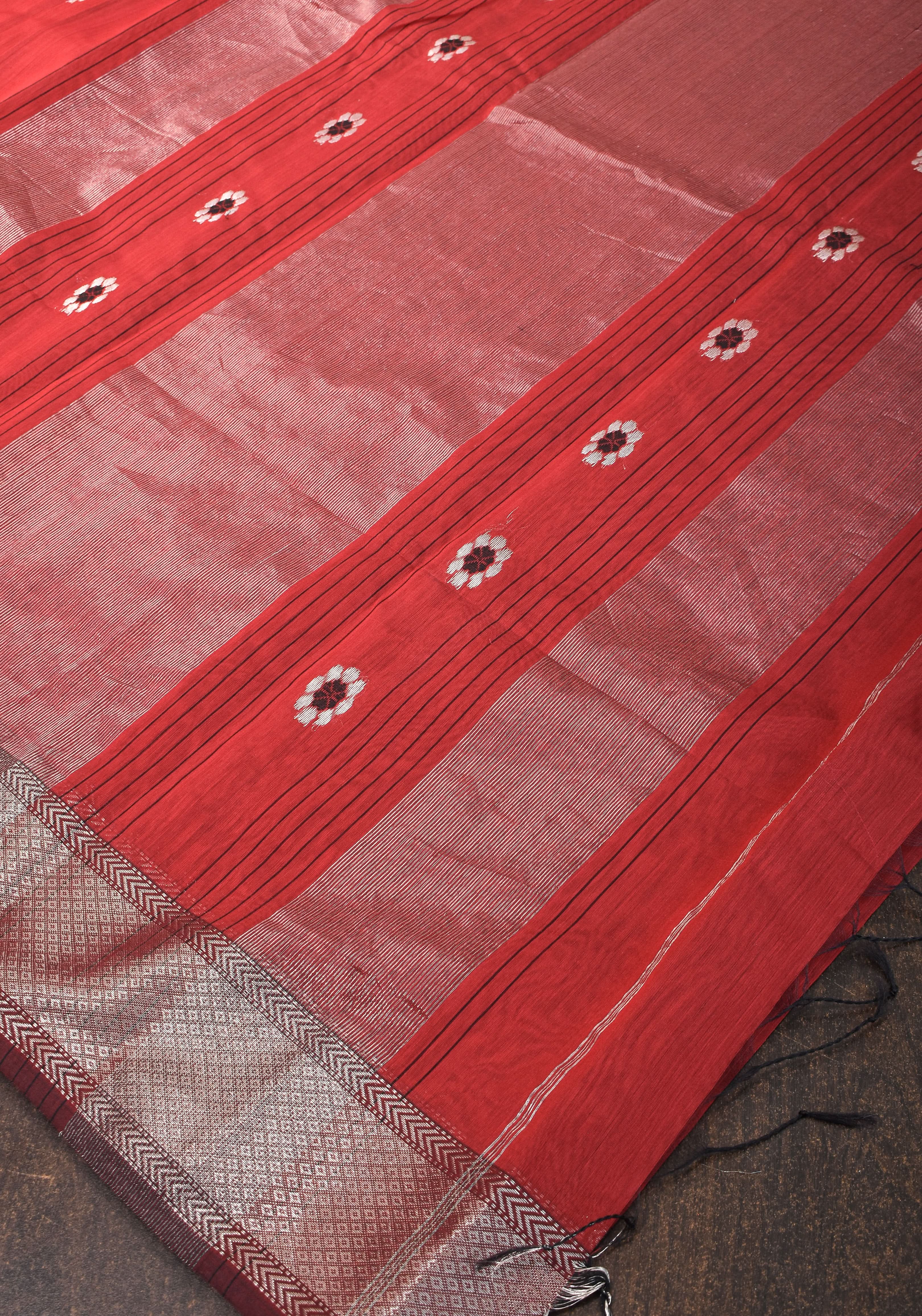 Exquisite Meenakari Handwoven Maheshwari Silk Cotton Saree in Red with meenakari buttas | Shobitam