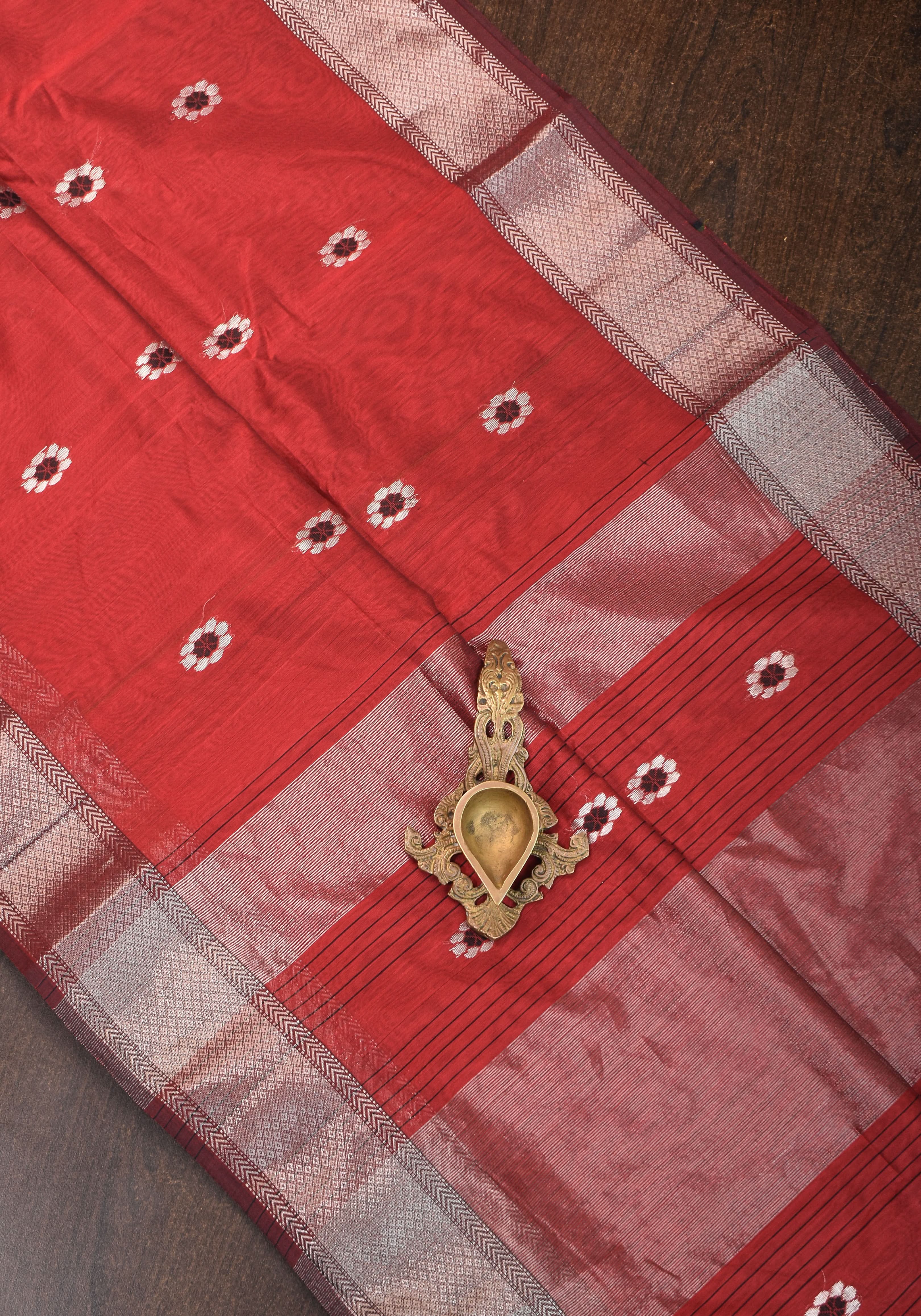 Exquisite Meenakari Handwoven Maheshwari Silk Cotton Saree in Red with meenakari buttas | Shobitam