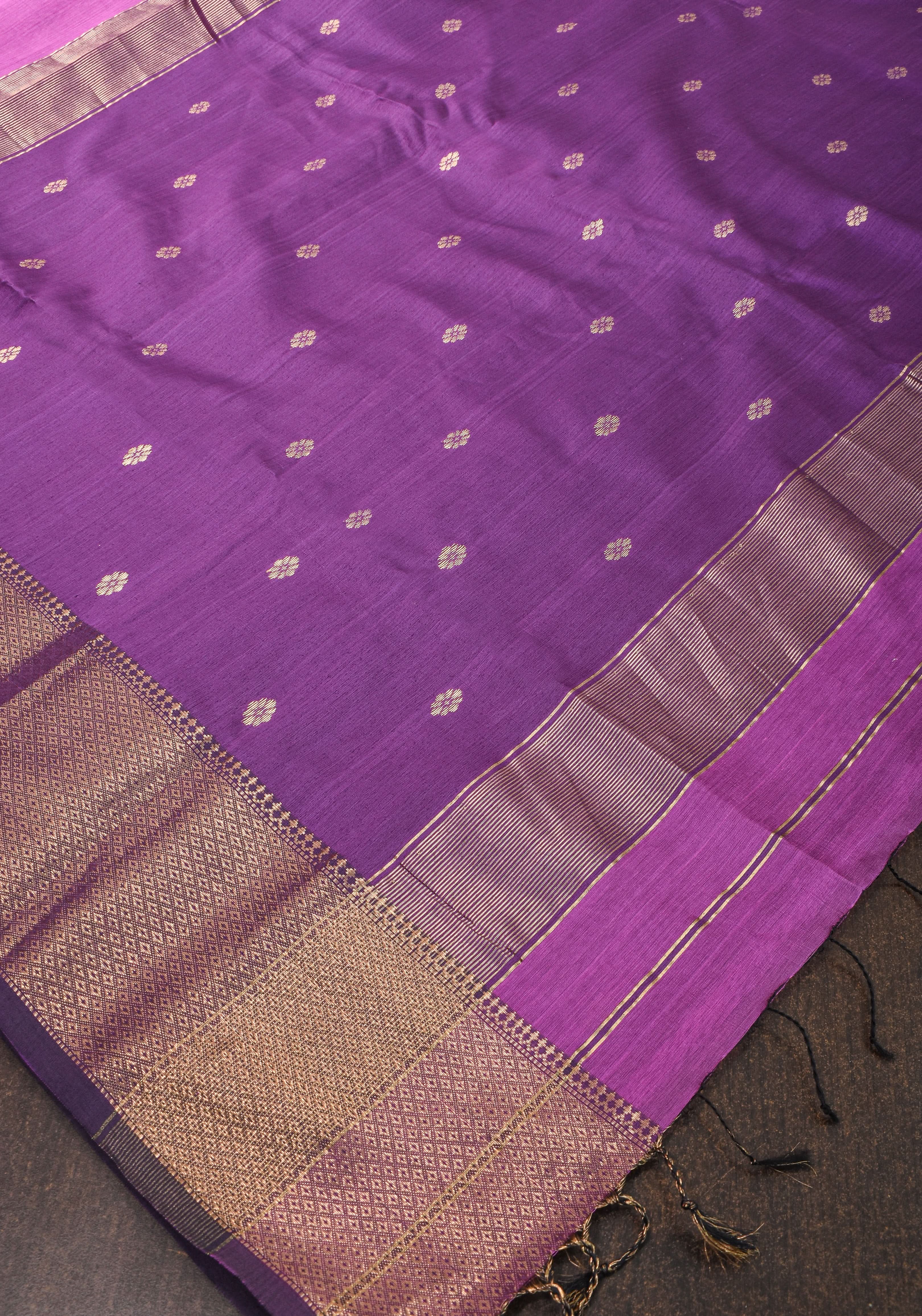 Handwoven Maheshwari Silk Cotton Saree in Lilac with zari borders | Shobitam