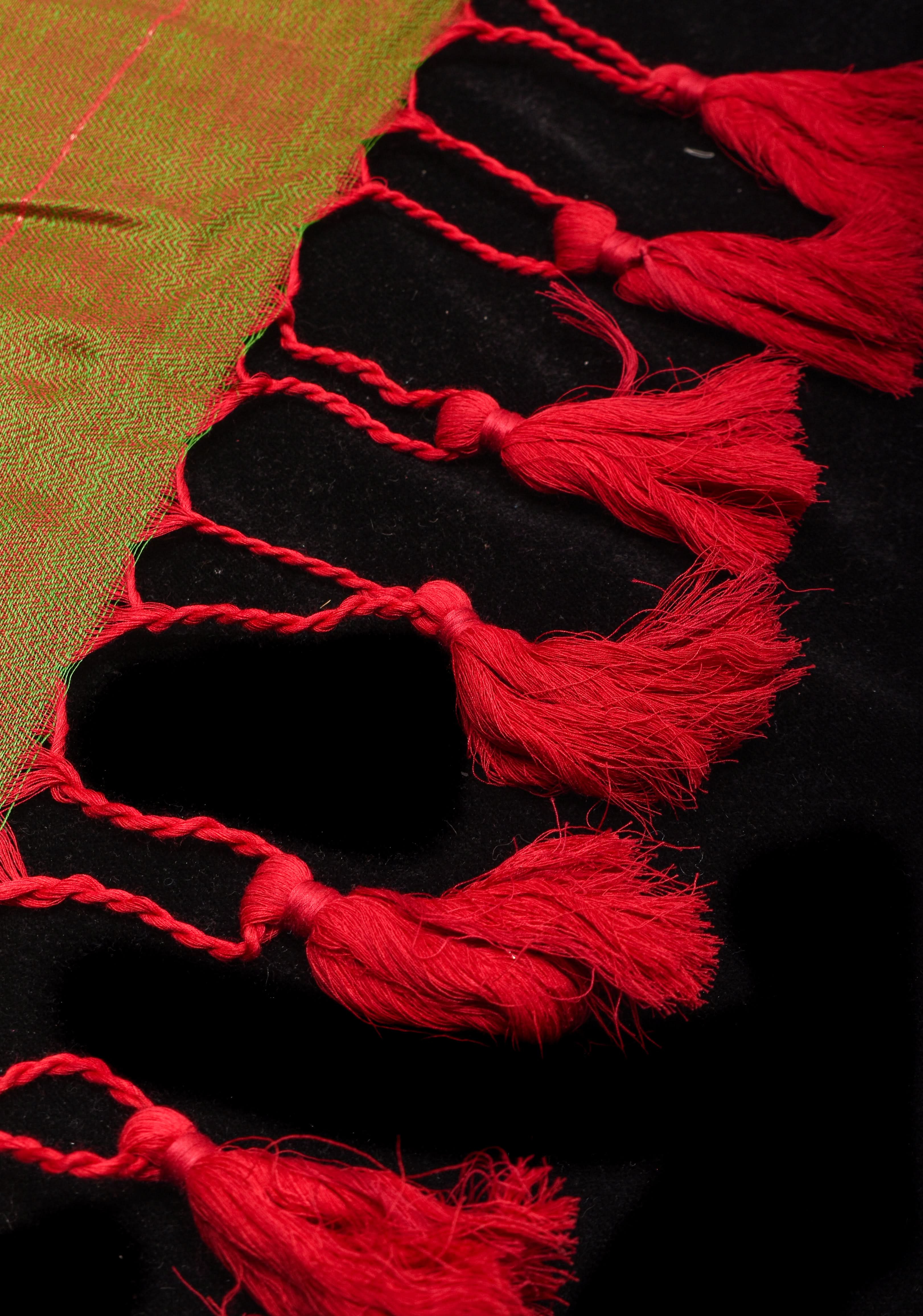 Green and Red Dual tone Handwoven Maheshwari Silk Cotton Saree with Zari Stripes | Shobitam