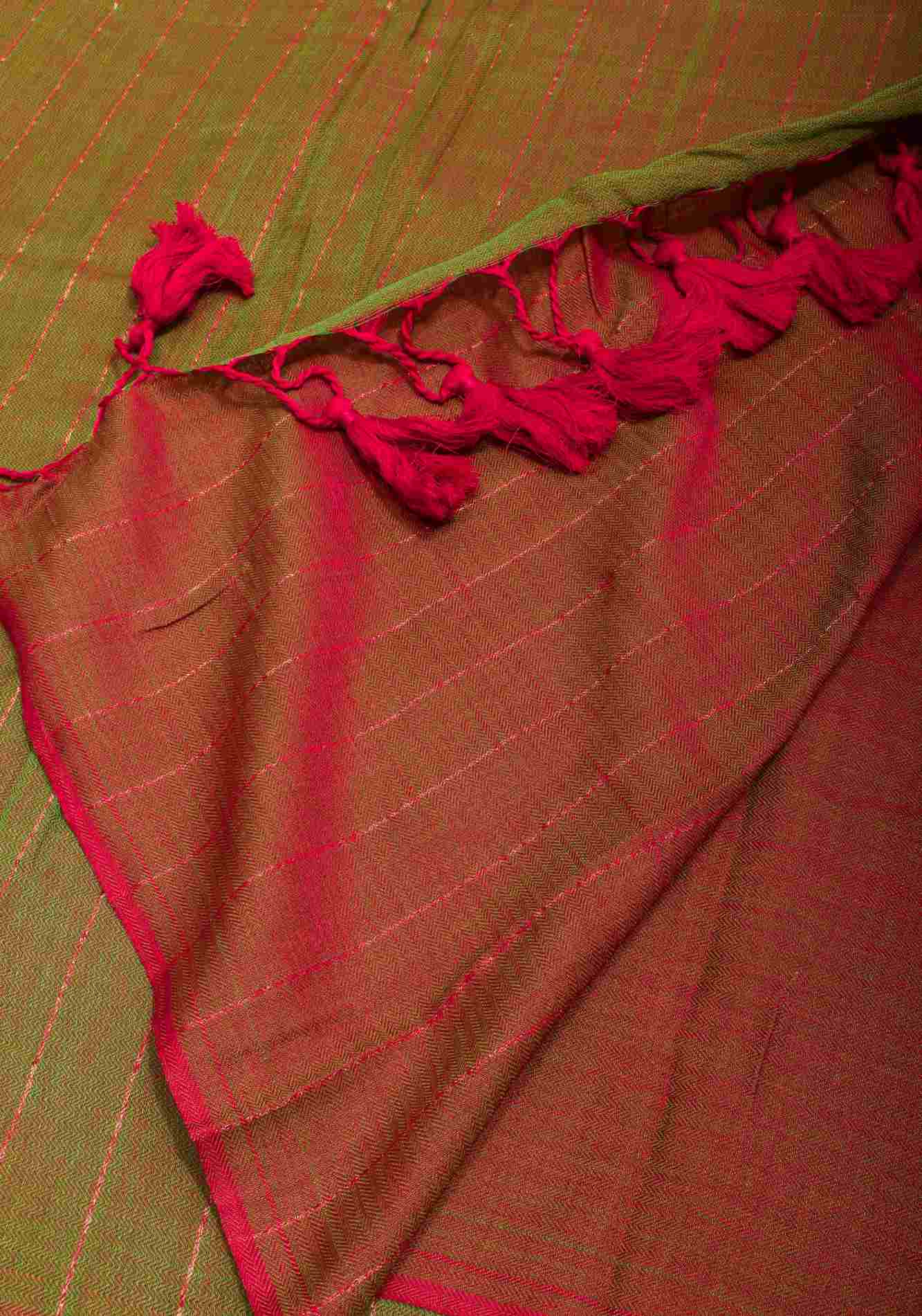 Green and Red Dual tone Handwoven Maheshwari Silk Cotton Saree with Zari Stripes Ready to wear saree