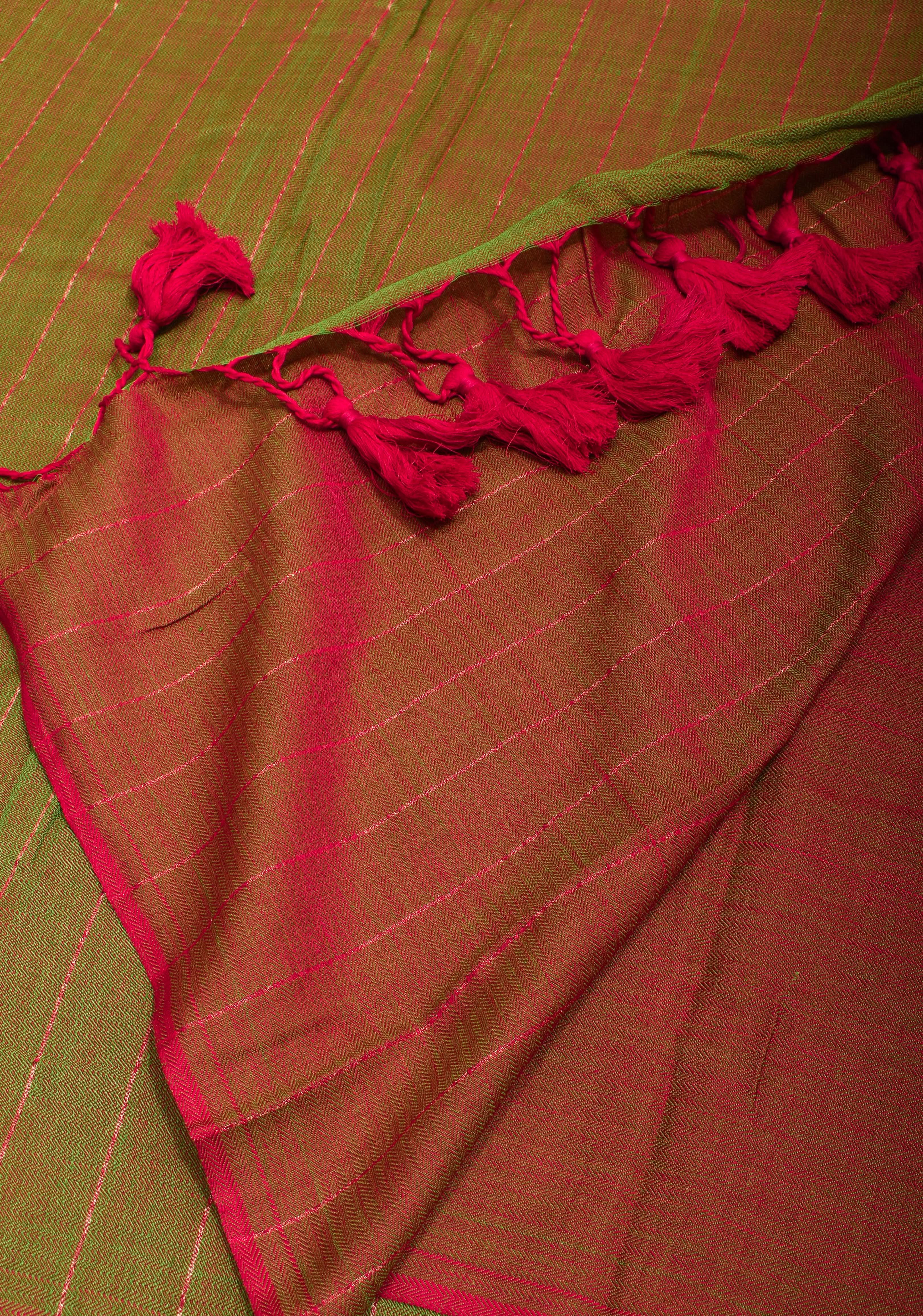 Green and Red Dual tone Handwoven Maheshwari Silk Cotton Saree with Zari Stripes | Shobitam