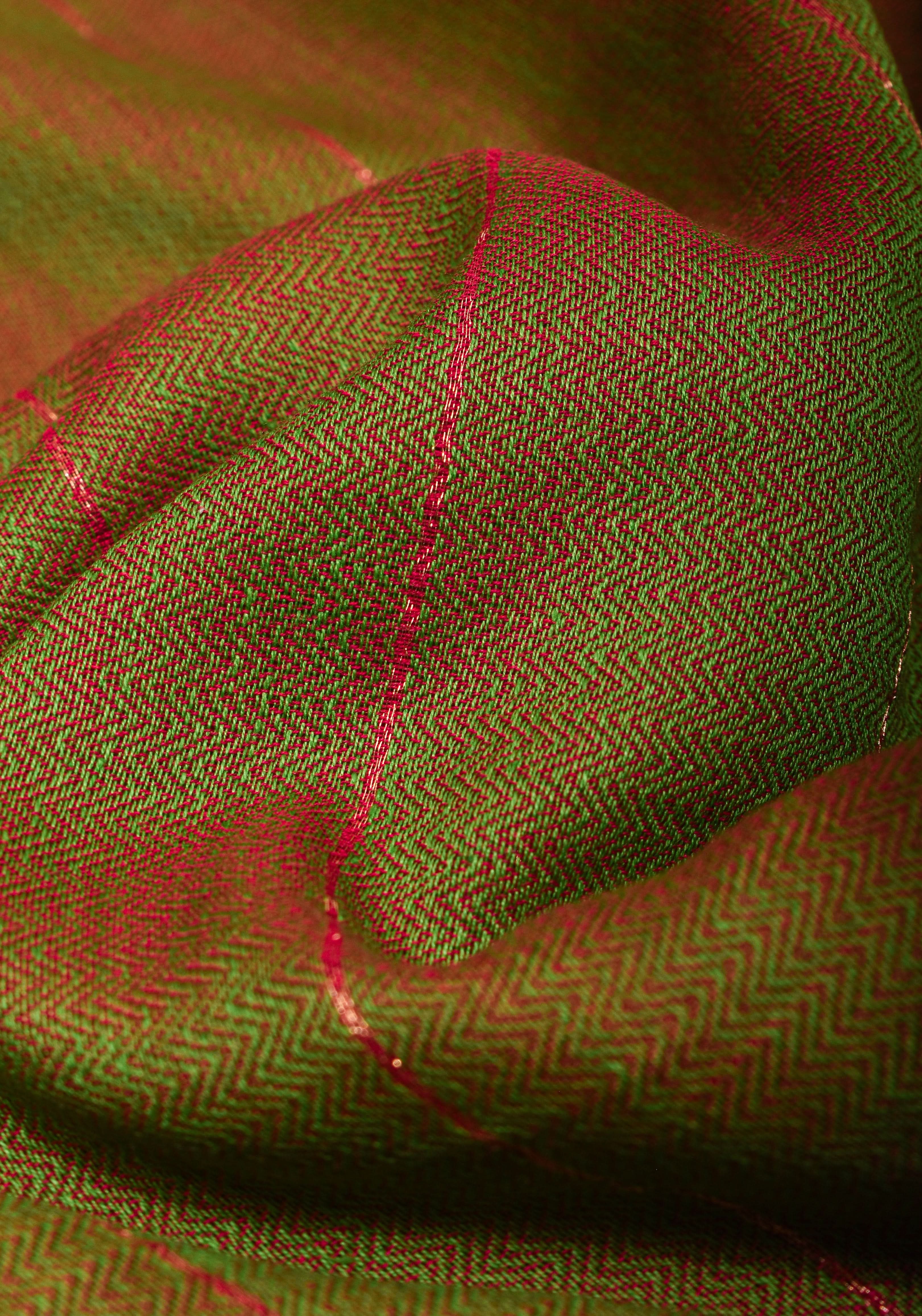 Green and Red Dual tone Handwoven Maheshwari Silk Cotton Saree with Zari Stripes | Shobitam