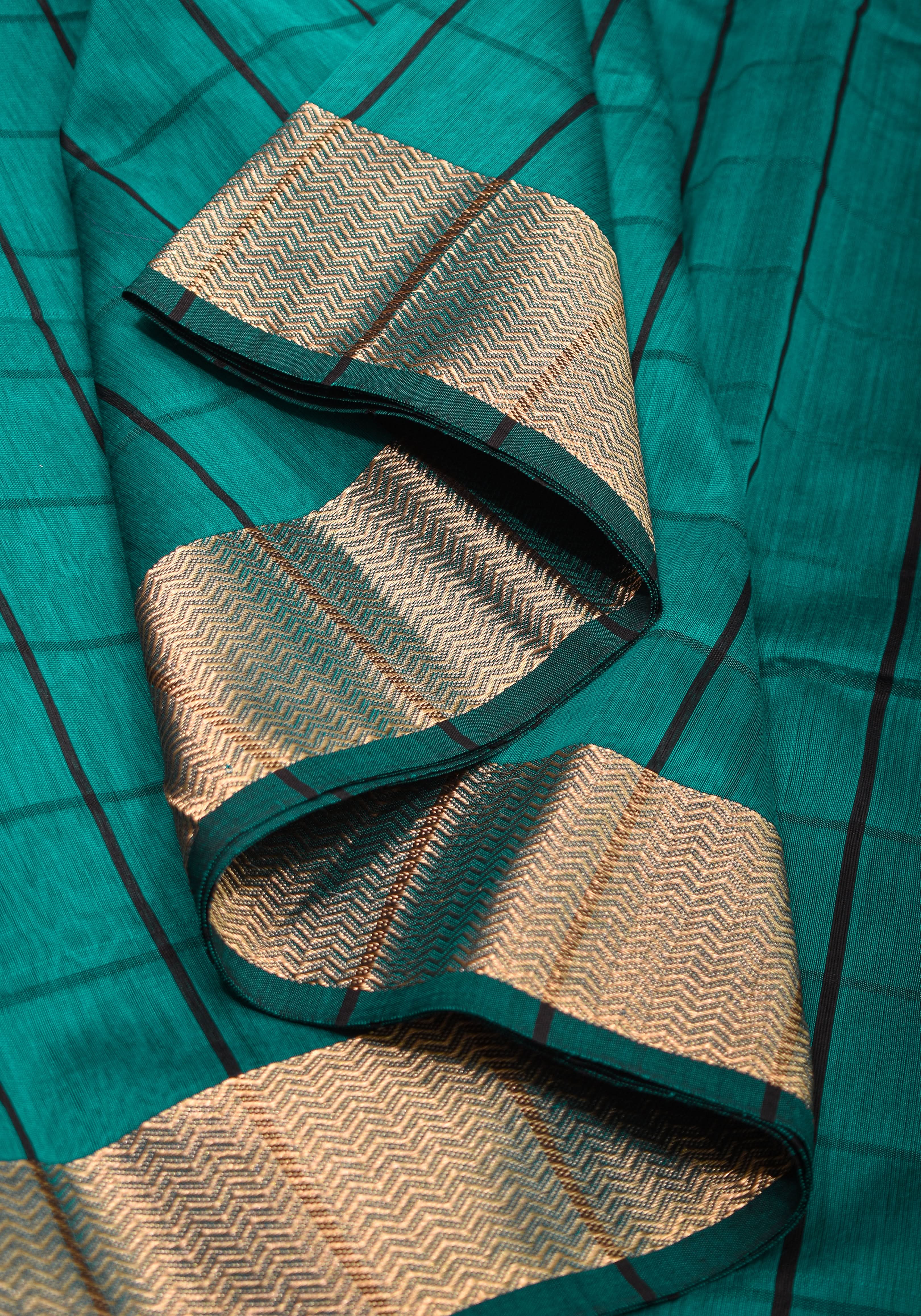 Handwoven Maheshwari Silk Cotton Saree  in Teal and Gold  with checks | Shobitam