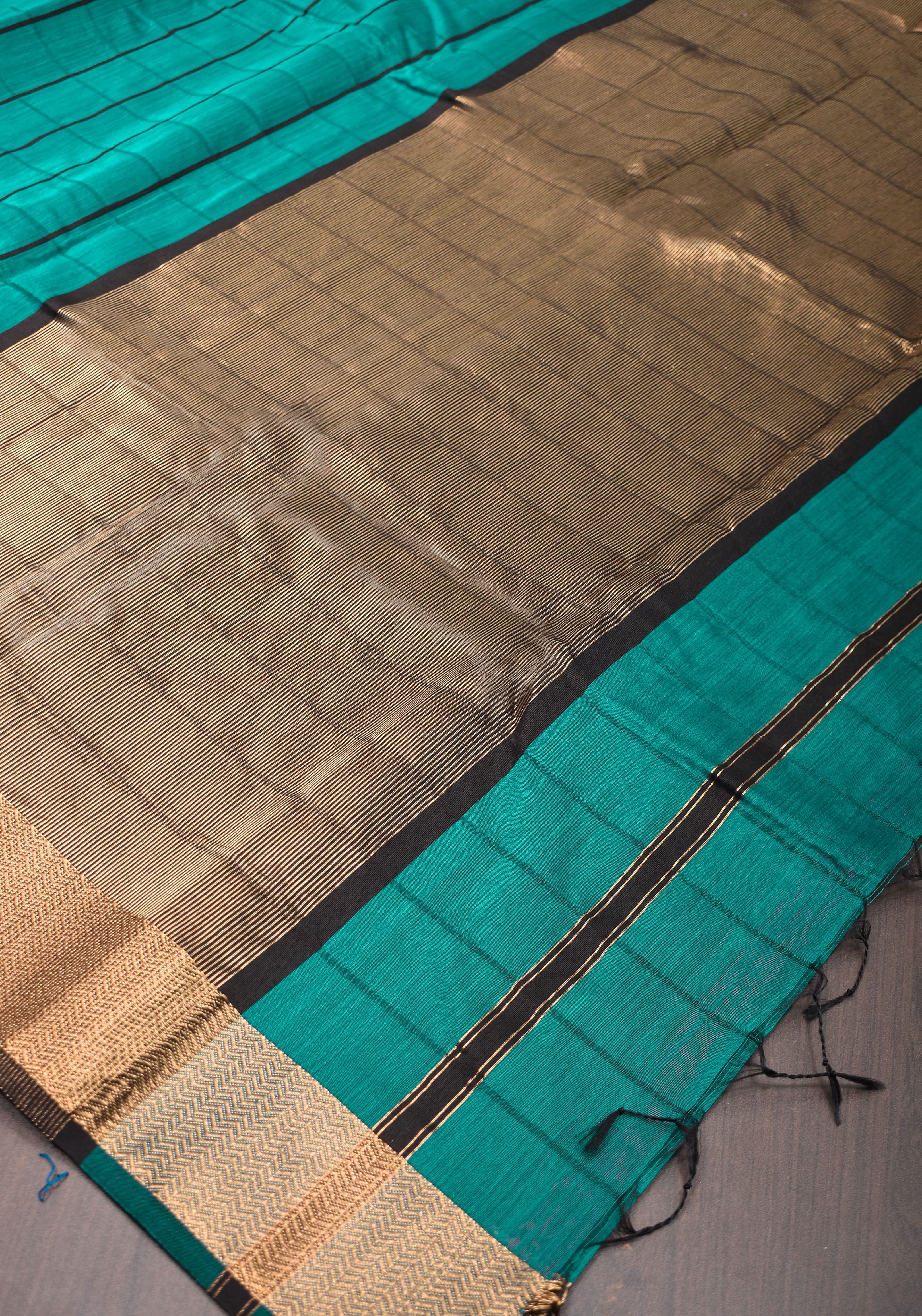 Handwoven Maheshwari Silk Cotton Saree  in Teal and Gold  with checks | Shobitam