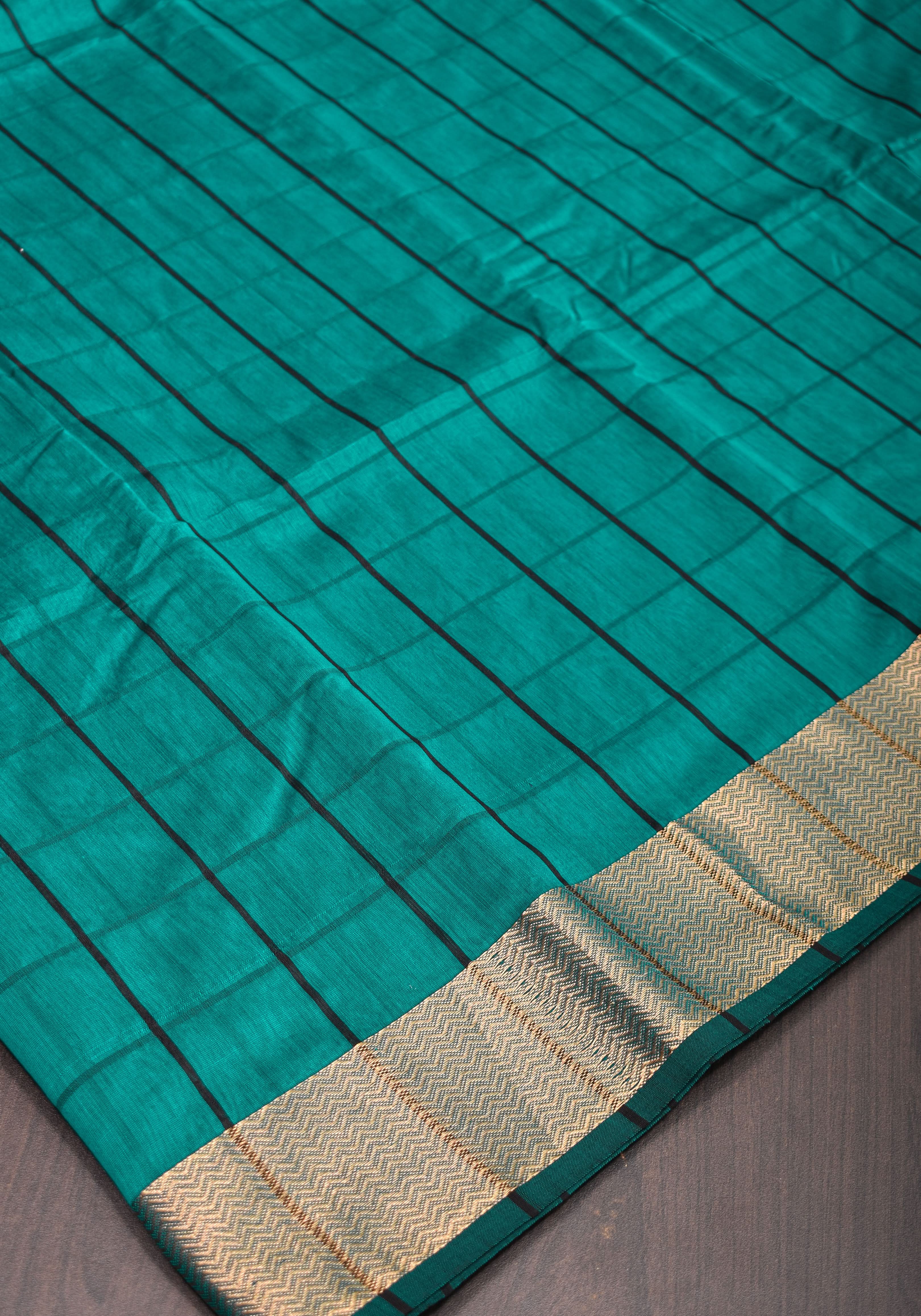 Handwoven Maheshwari Silk Cotton Saree  in Teal and Gold  with checks | Shobitam