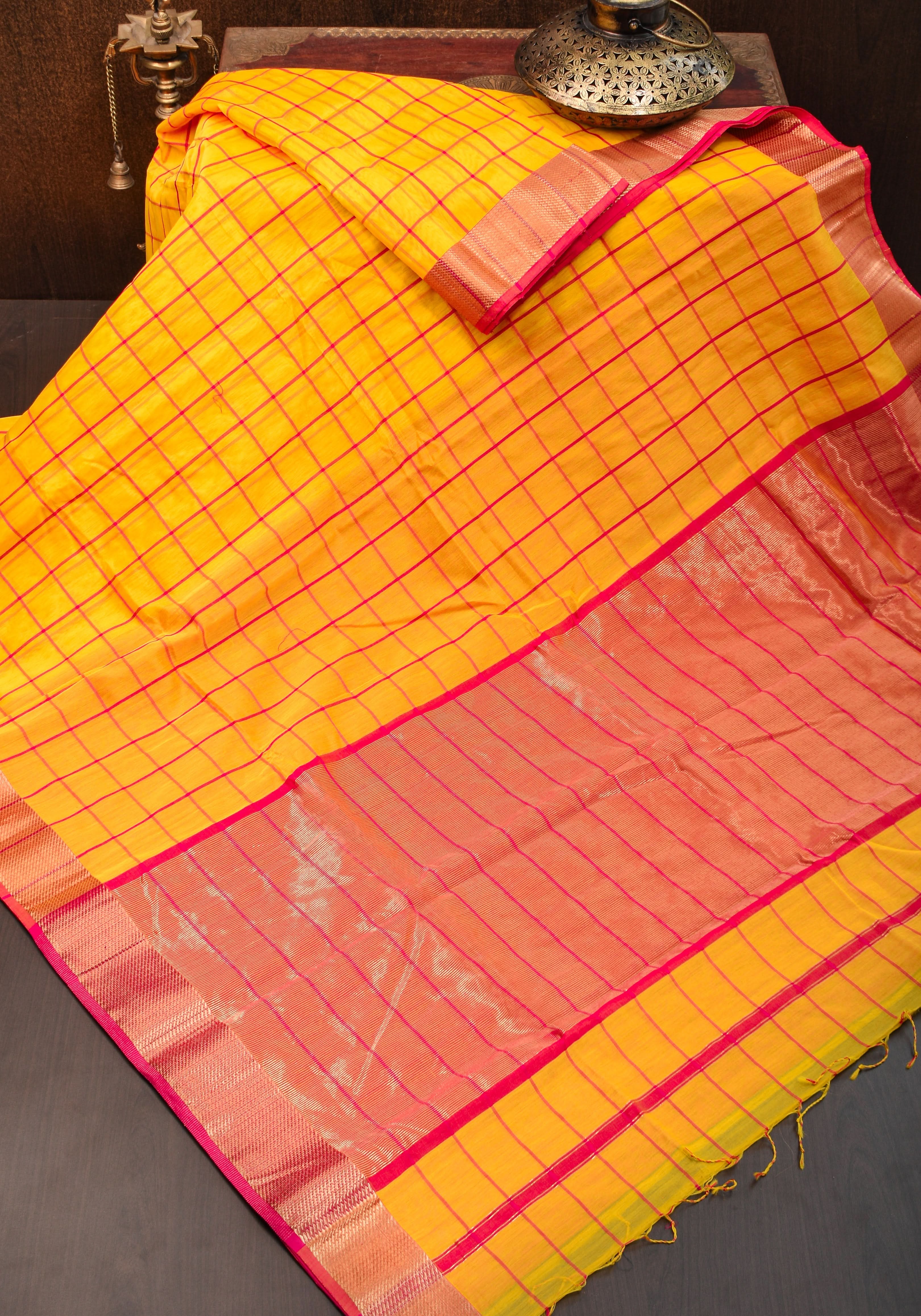 Handwoven Maheshwari Silk Cotton Saree  in Yellow and Gold with checks | Shobitam