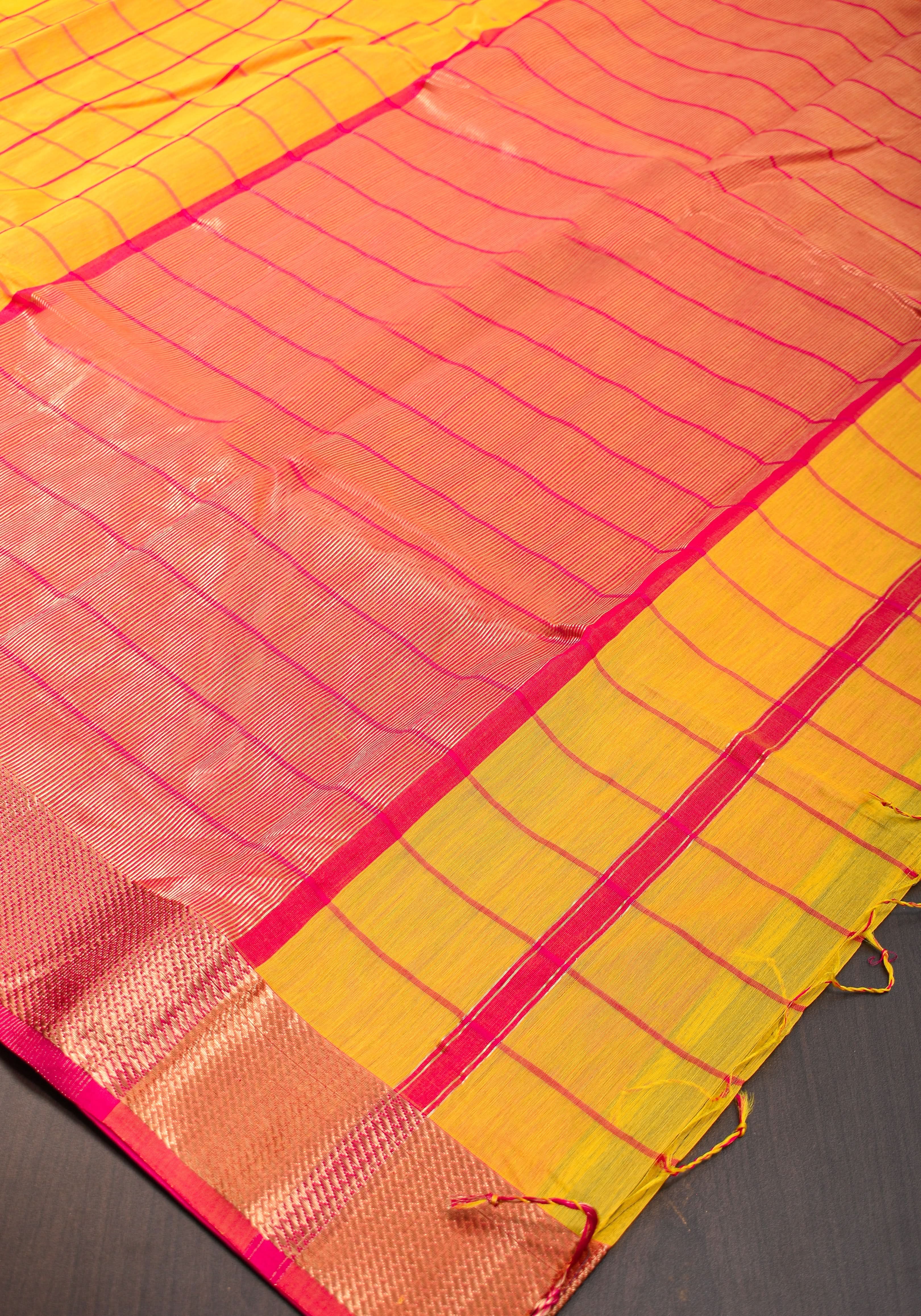 Handwoven Maheshwari Silk Cotton Saree  in Yellow and Gold with checks | Shobitam