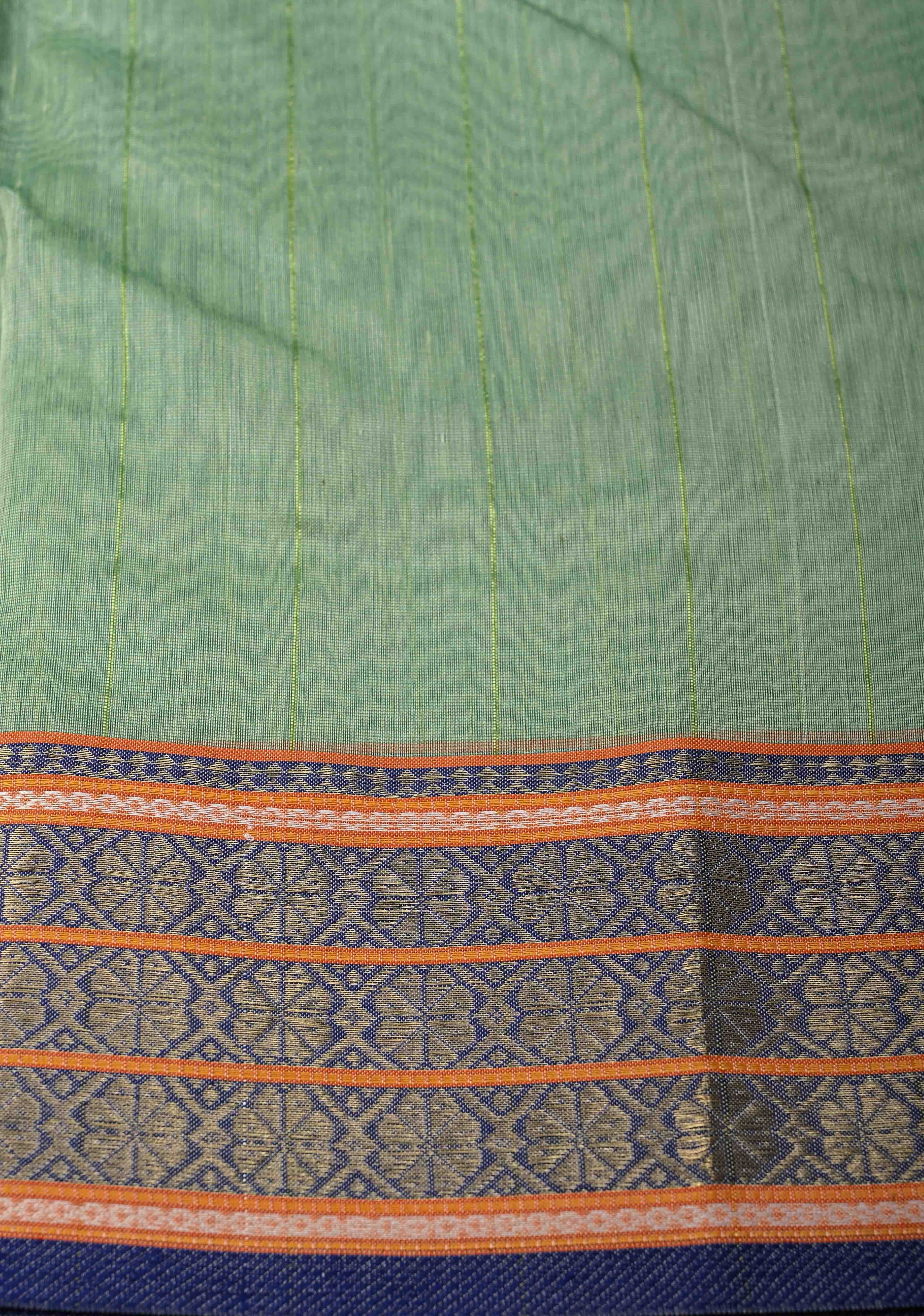 Mint Green Handwoven Maheshwari Silk Cotton Saree with Muted Stripes And Zari Border | Shobitam