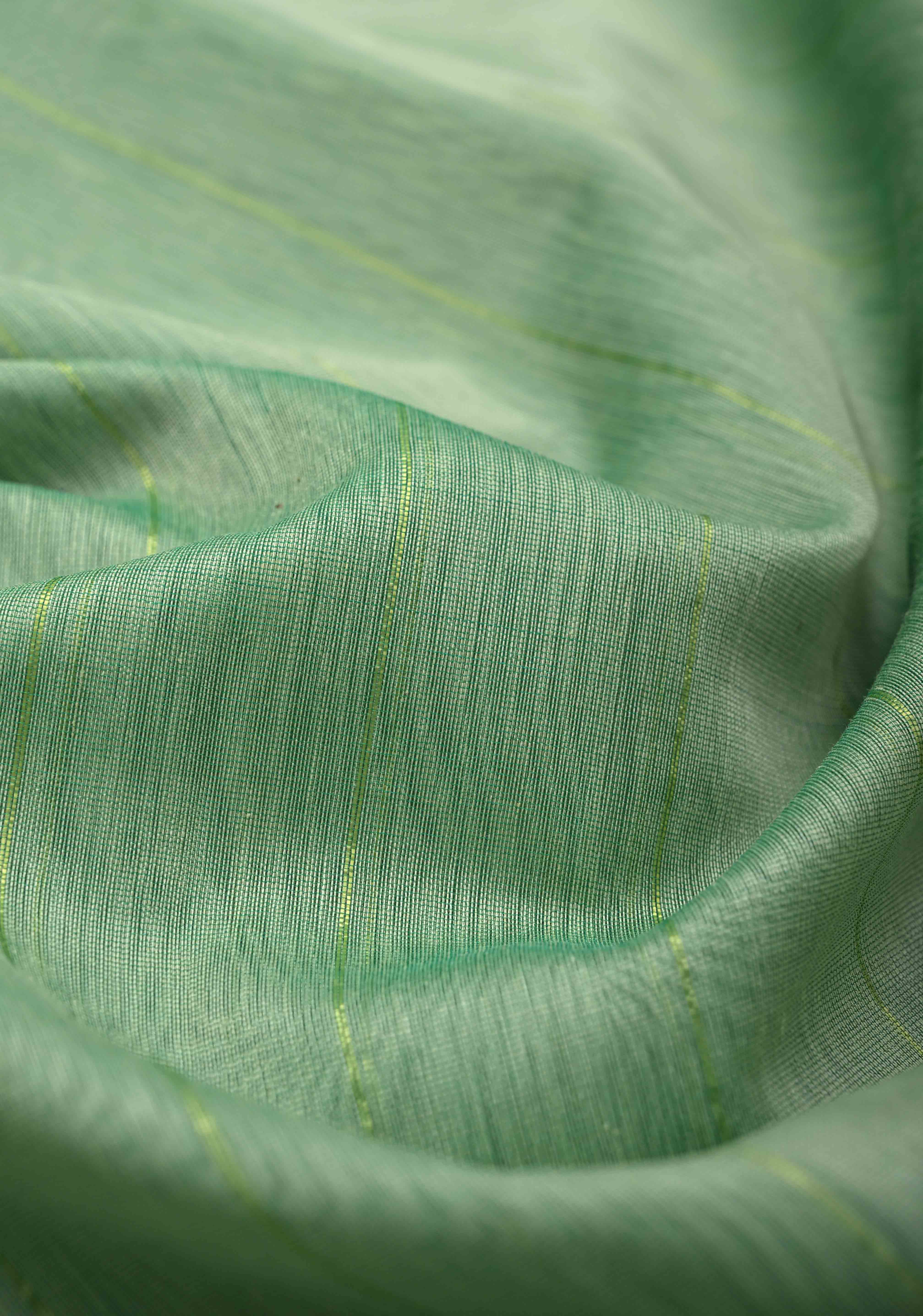 Mint Green Handwoven Maheshwari Silk Cotton Saree with Muted Stripes And Zari Border | Shobitam