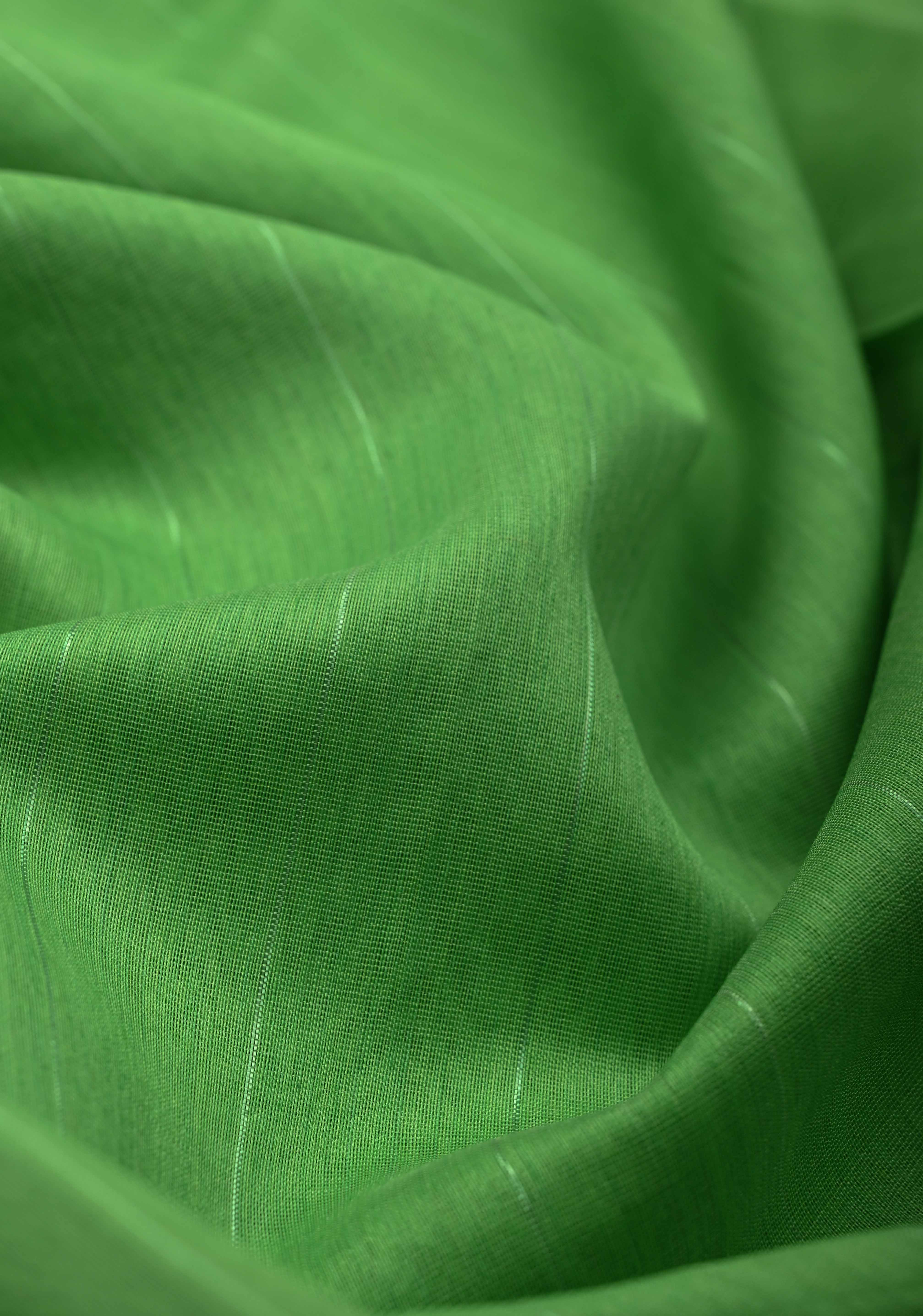 Parrot Green Handwoven Maheshwari Silk Cotton Saree with Muted Stripes and Zari Borders | Shobitam