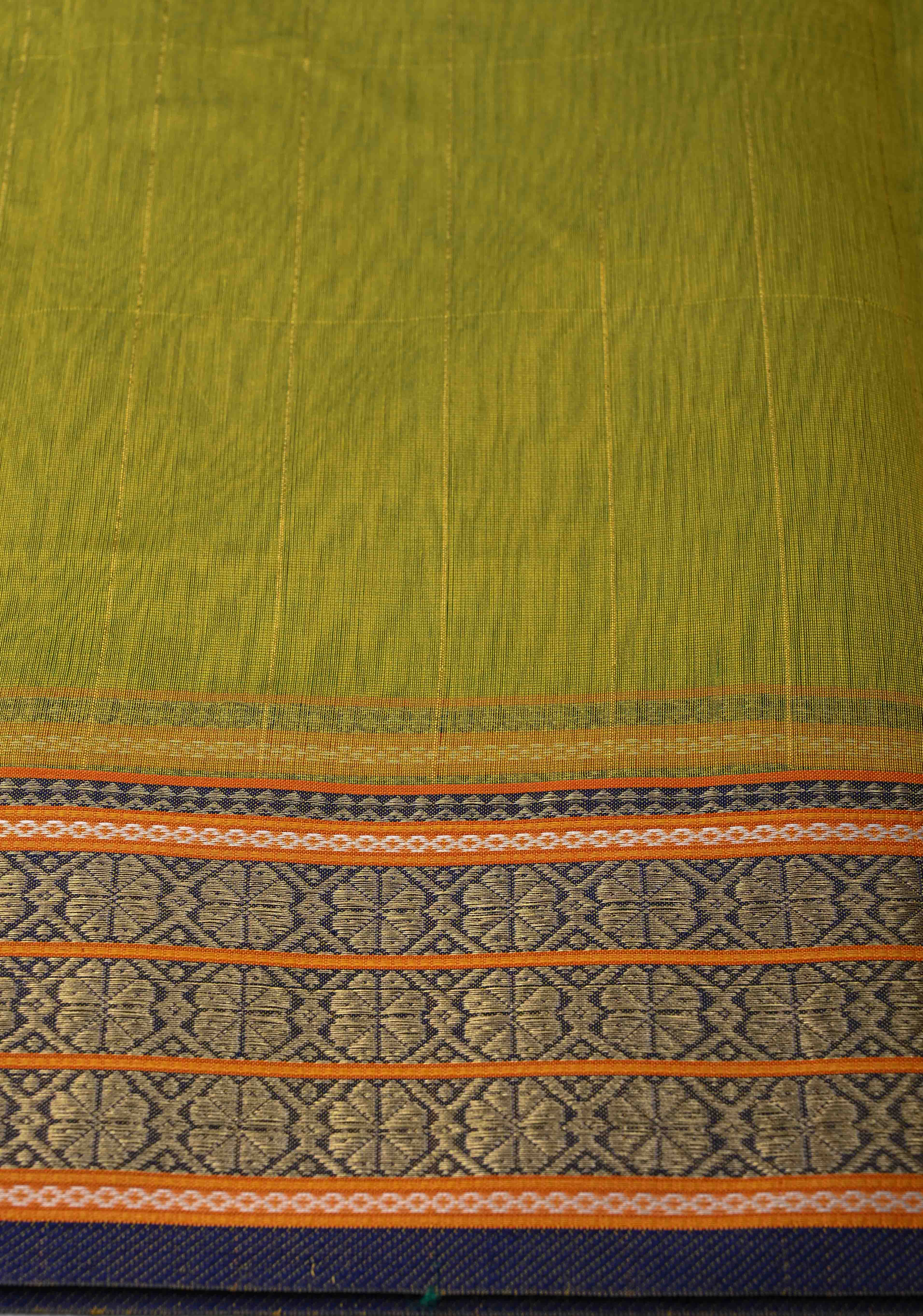 Lime Green Handwoven Maheshwari Silk Cotton Saree with Muted Stripes and Zari Borders | Shobitam