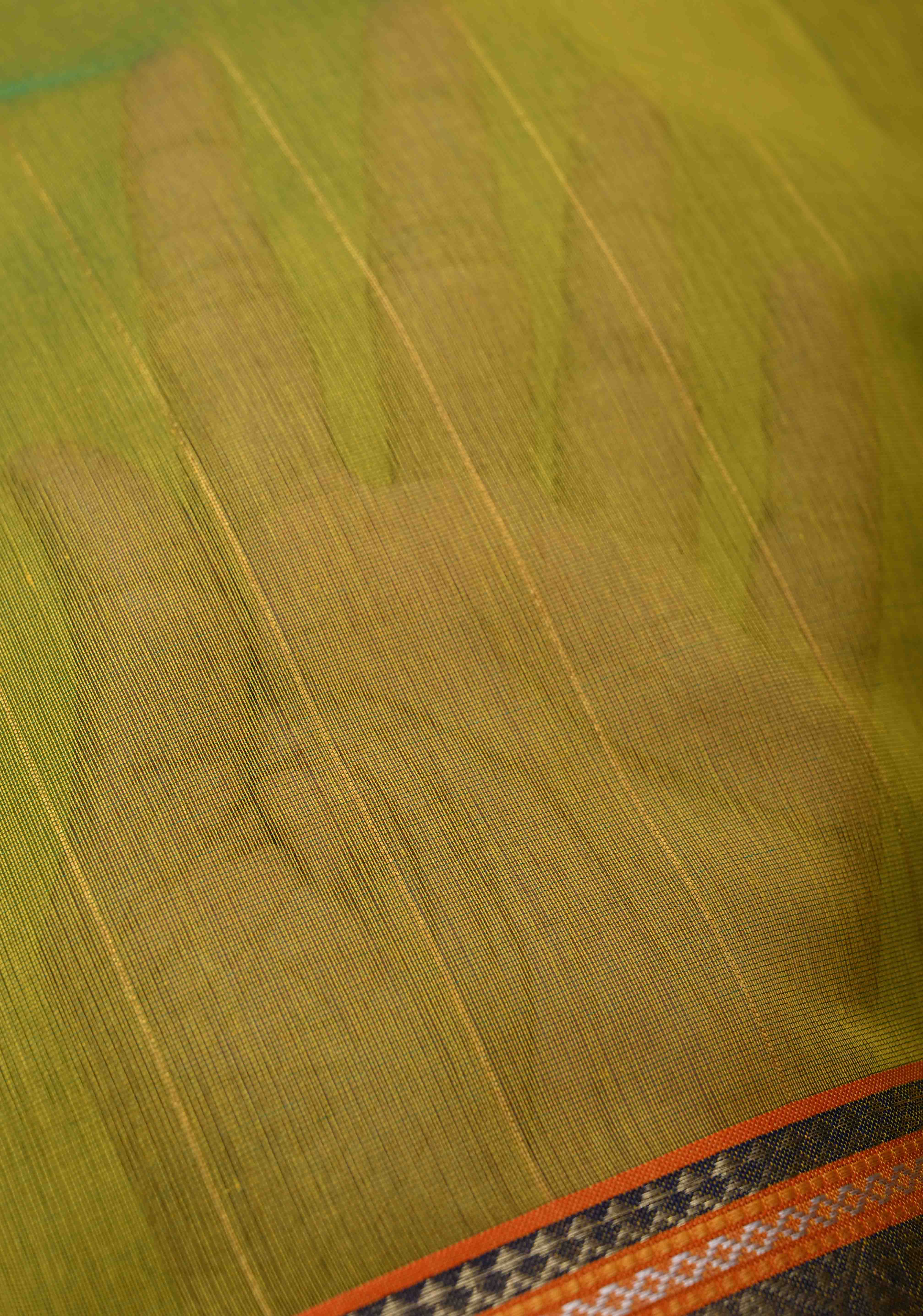 Lime Green Handwoven Maheshwari Silk Cotton Saree with Muted Stripes and Zari Borders | Shobitam