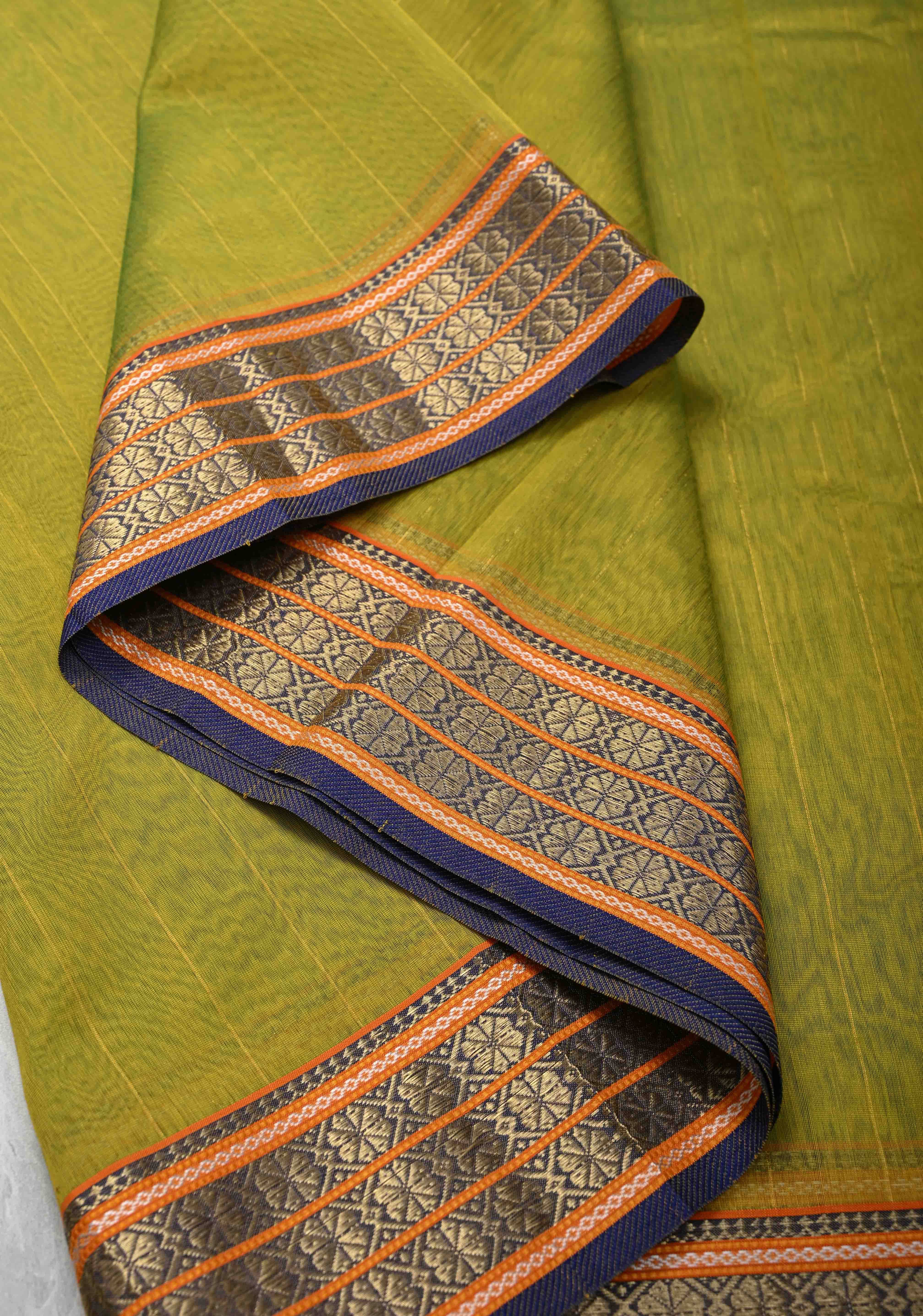 Lime Green Handwoven Maheshwari Silk Cotton Saree with Muted Stripes and Zari Borders | Shobitam