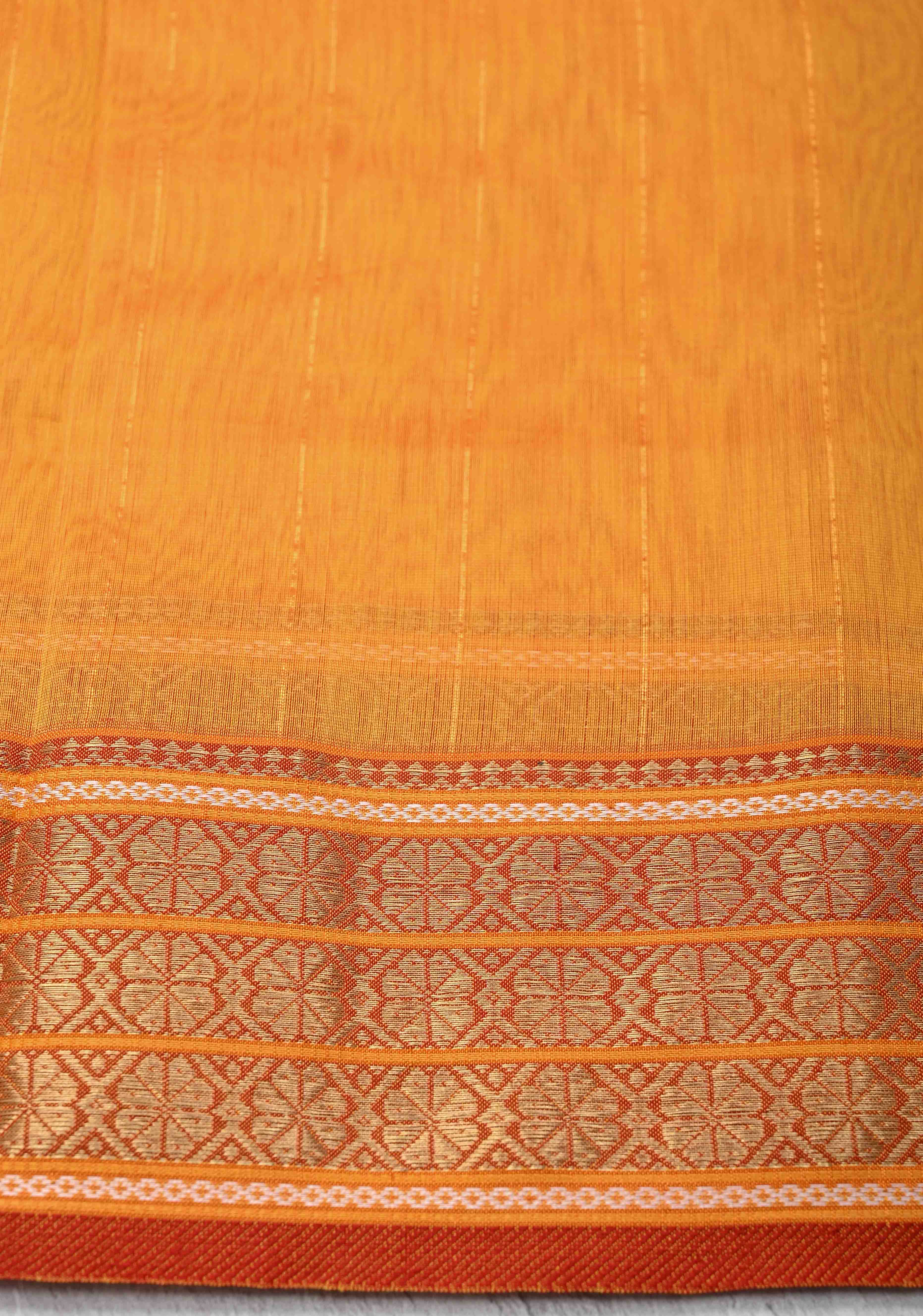 Mustard Yellow Handwoven Maheshwari Silk Cotton Saree with Muted Stripes and Zari Borders | Shobitam