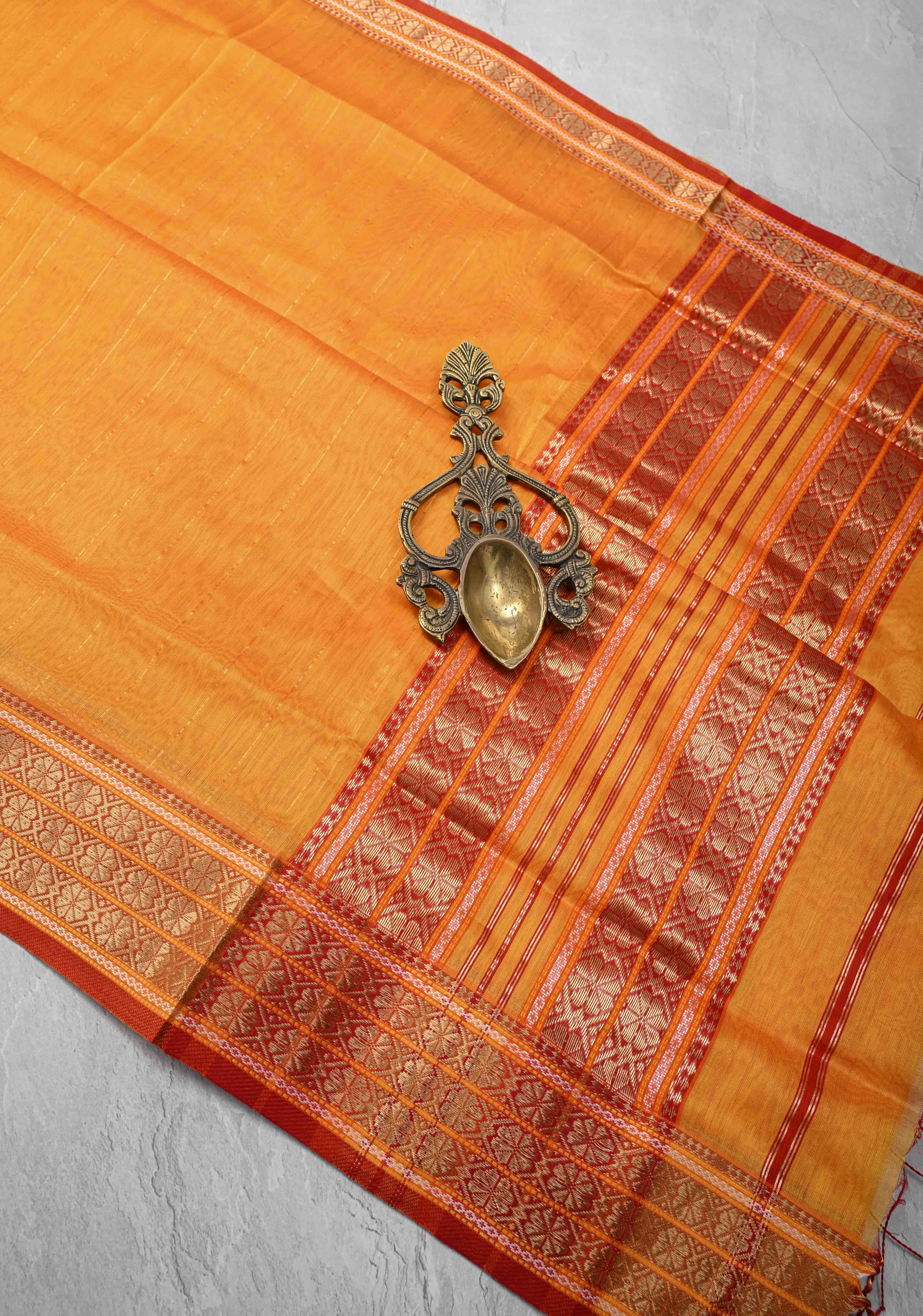 Mustard Yellow Handwoven Maheshwari Silk Cotton Saree with Muted Stripes and Zari Borders | Shobitam