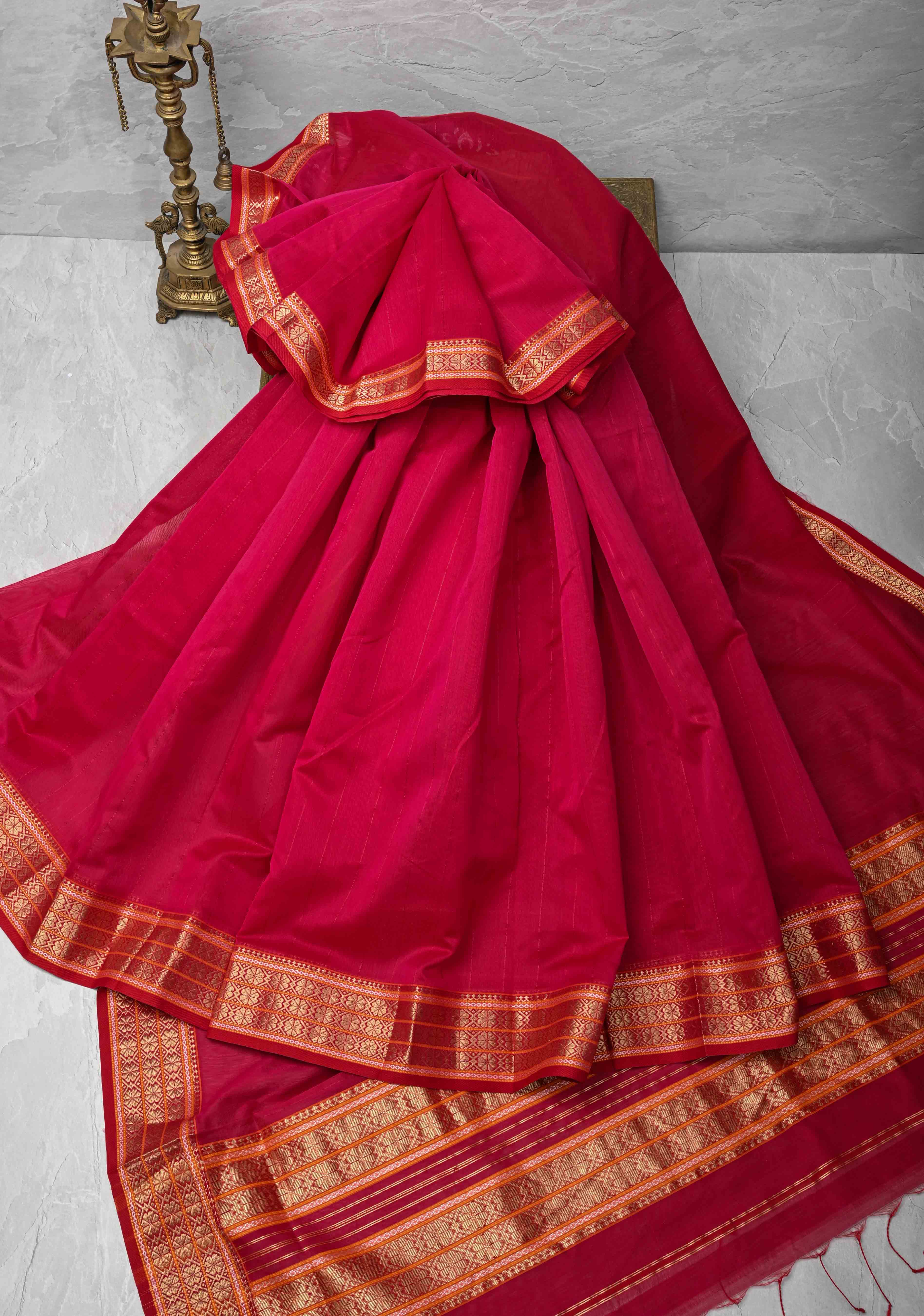 Pink Handwoven Maheshwari Silk Cotton Saree with Muted Stripes And Zari Border | Shobitam
