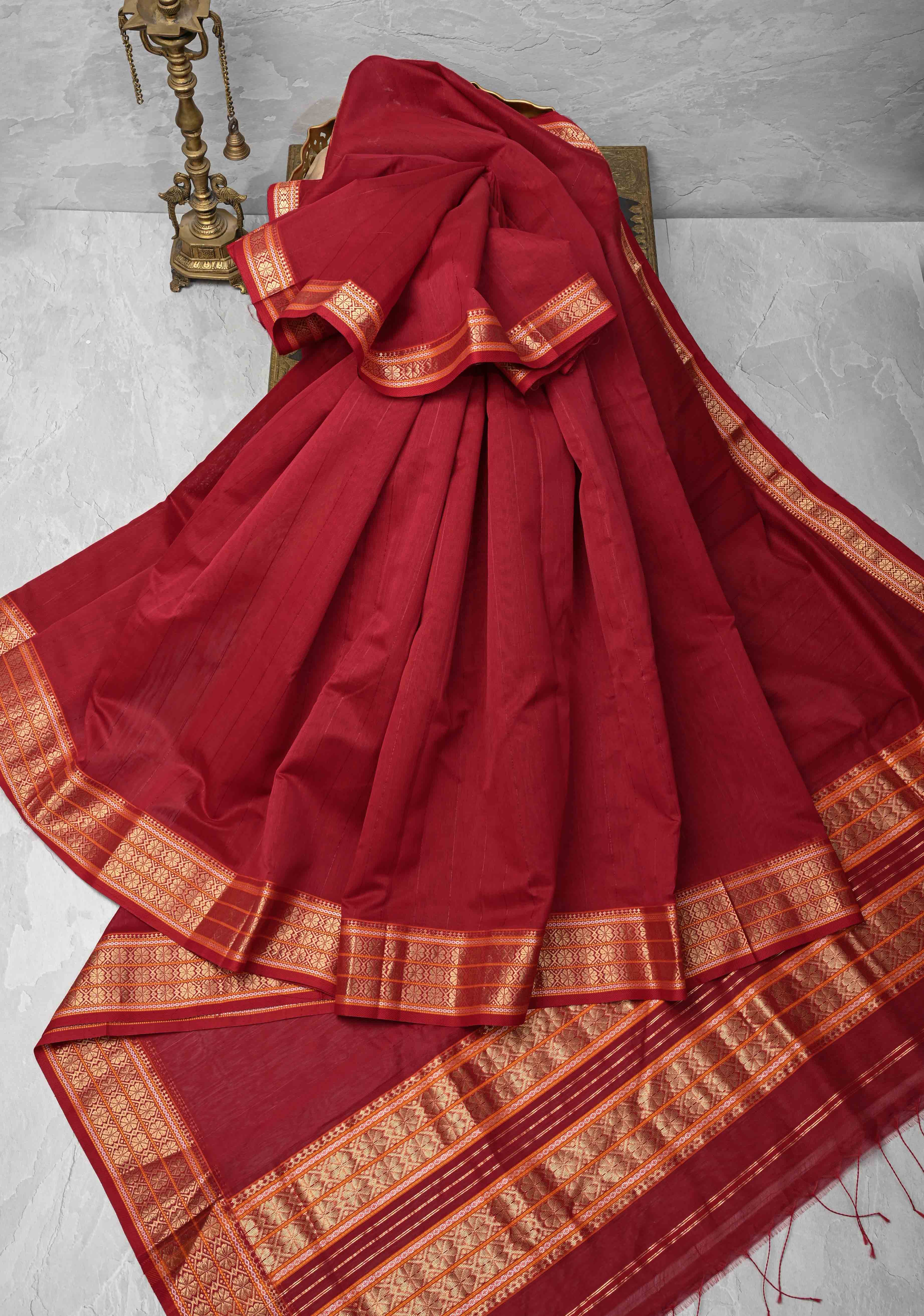 Red Handwoven Maheshwari Silk Cotton Saree with Muted Stripes and Zari Border | Shobitam