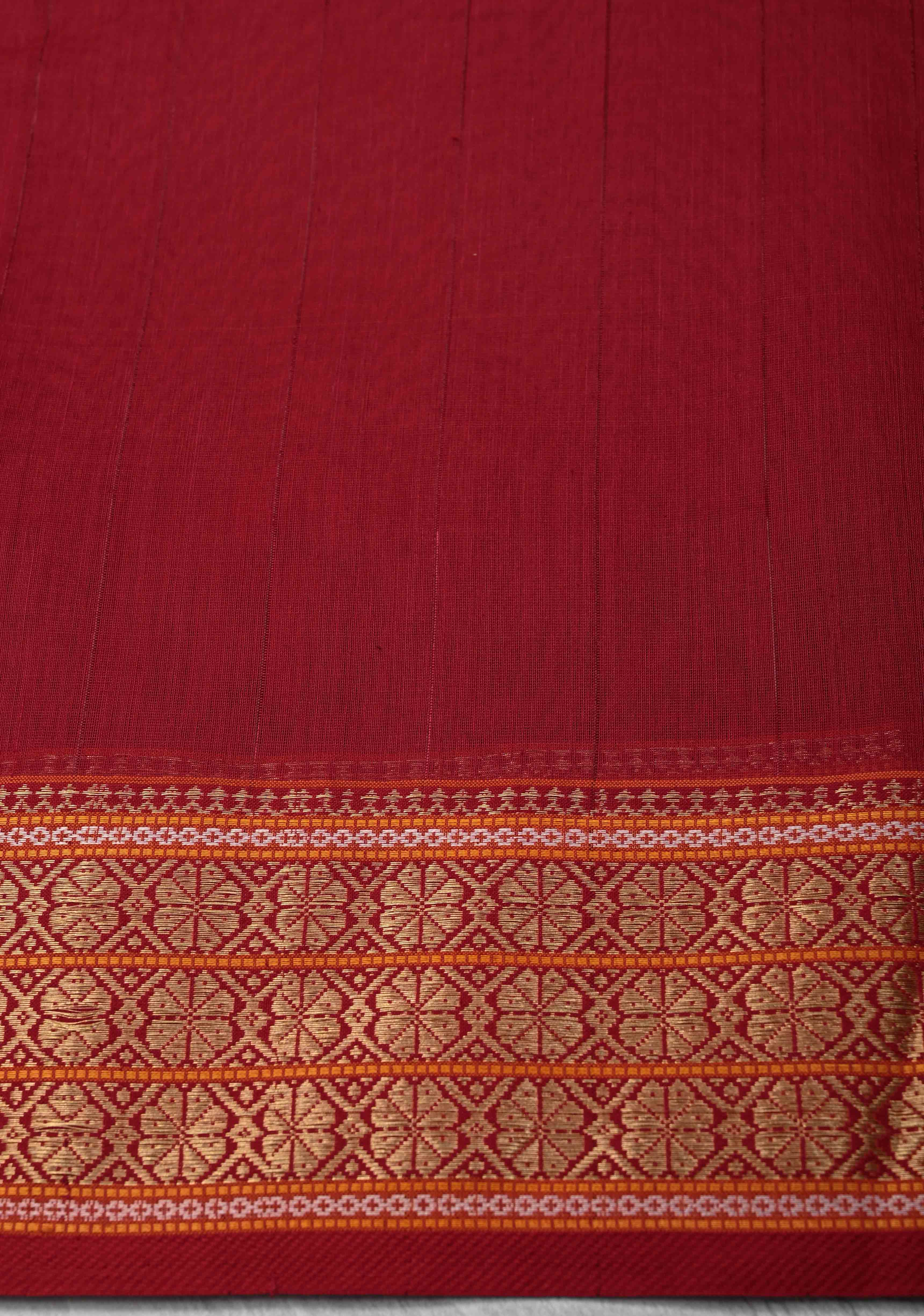 Red Handwoven Maheshwari Silk Cotton Saree with Muted Stripes and Zari Border | Shobitam