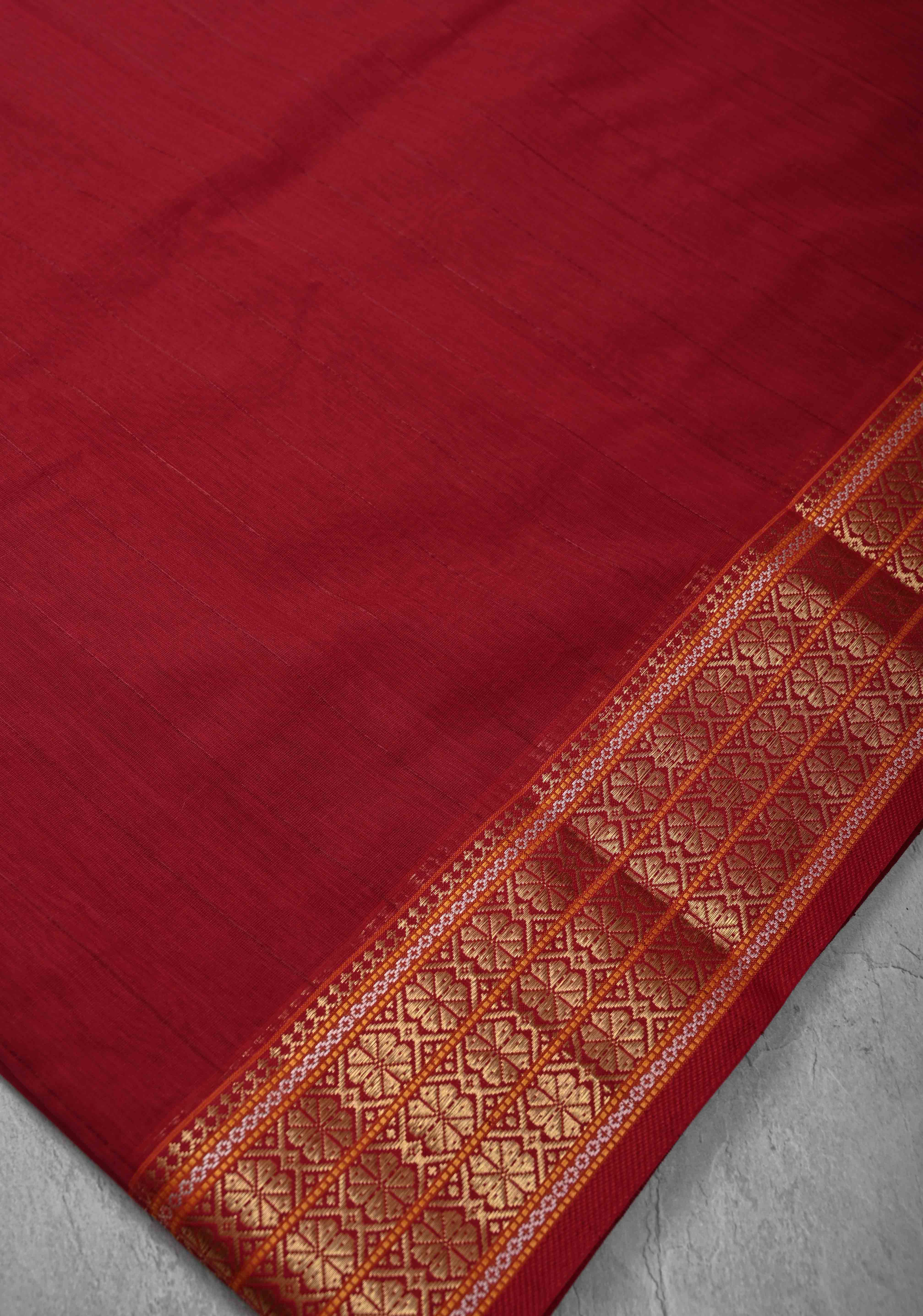 Red Handwoven Maheshwari Silk Cotton Saree with Muted Stripes and Zari Border | Shobitam