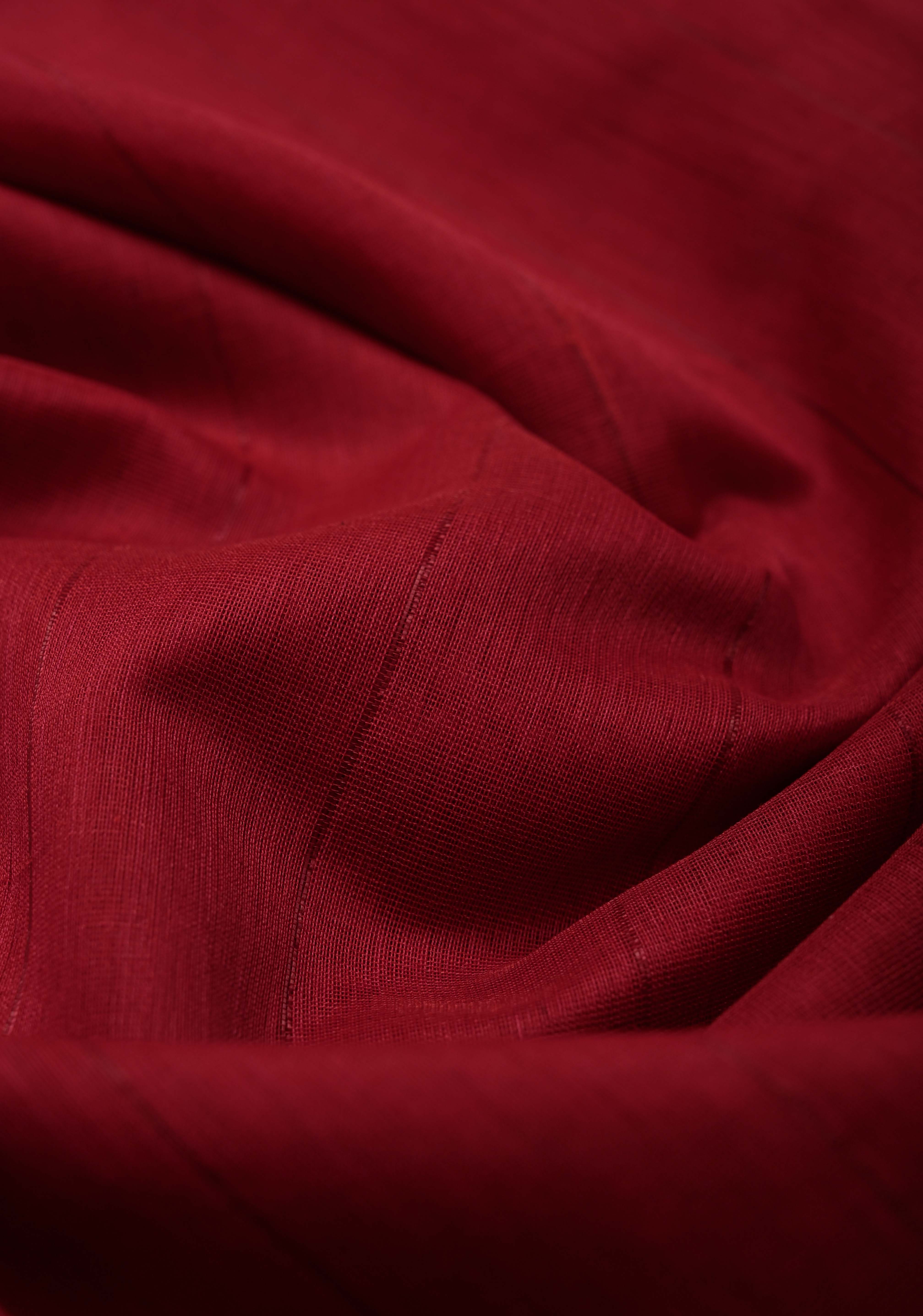 Red Handwoven Maheshwari Silk Cotton Saree with Muted Stripes and Zari Border | Shobitam