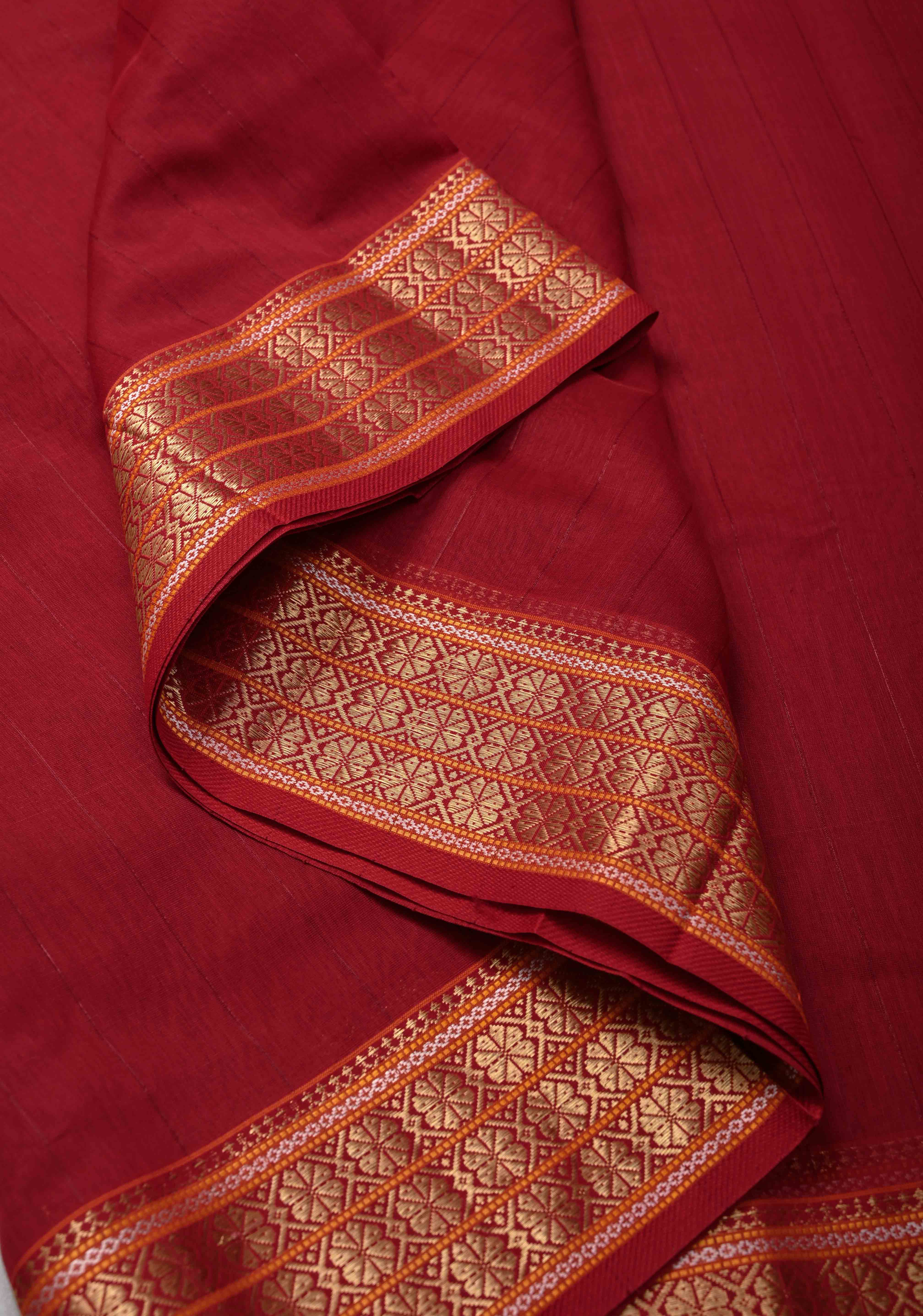 Red Handwoven Maheshwari Silk Cotton Saree with Muted Stripes and Zari Border | Shobitam