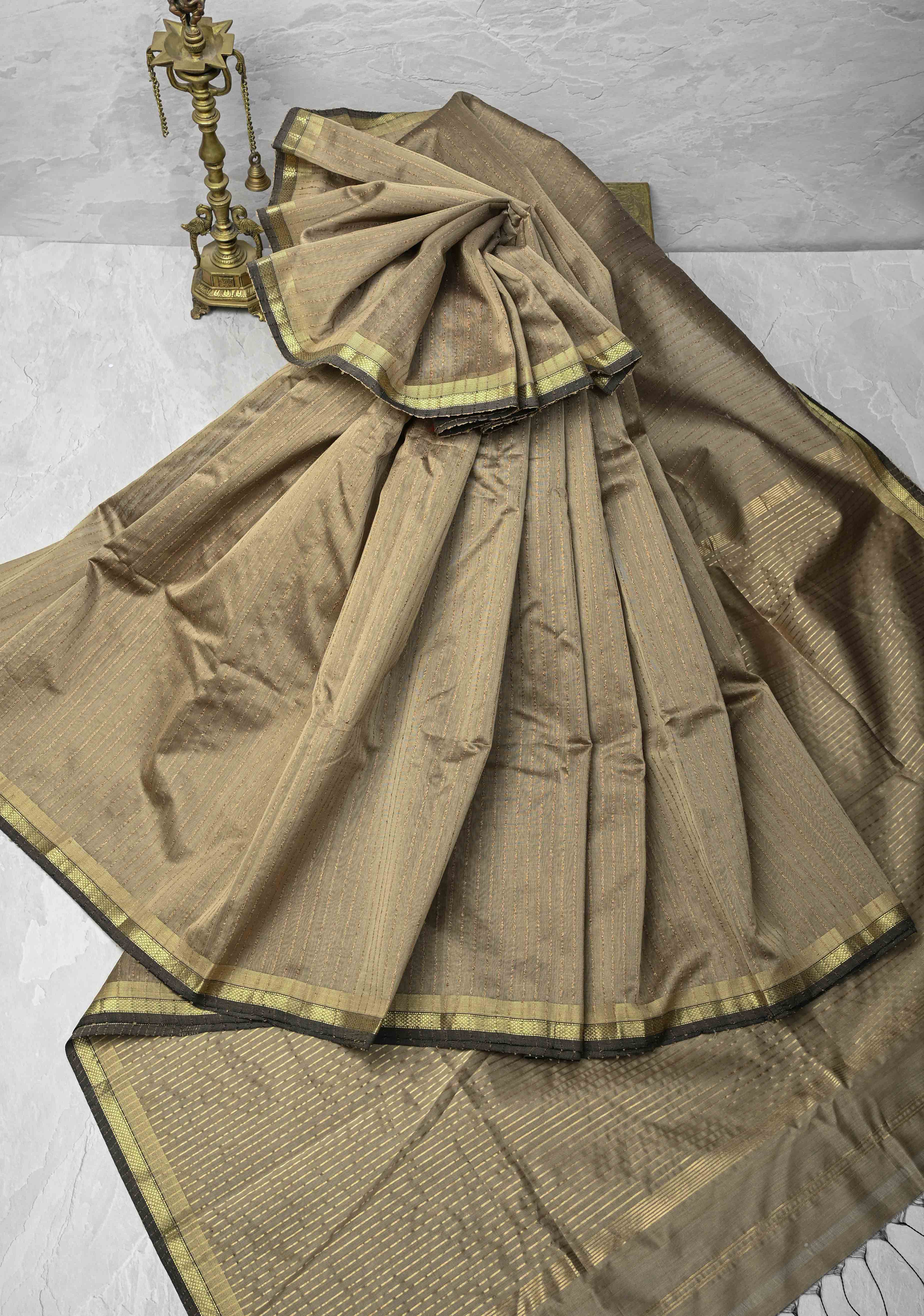 Grayish Brown Handwoven Maheshwari Silk Cotton Saree with Vertical Stripes And Minimal Zari Border | Shobitam