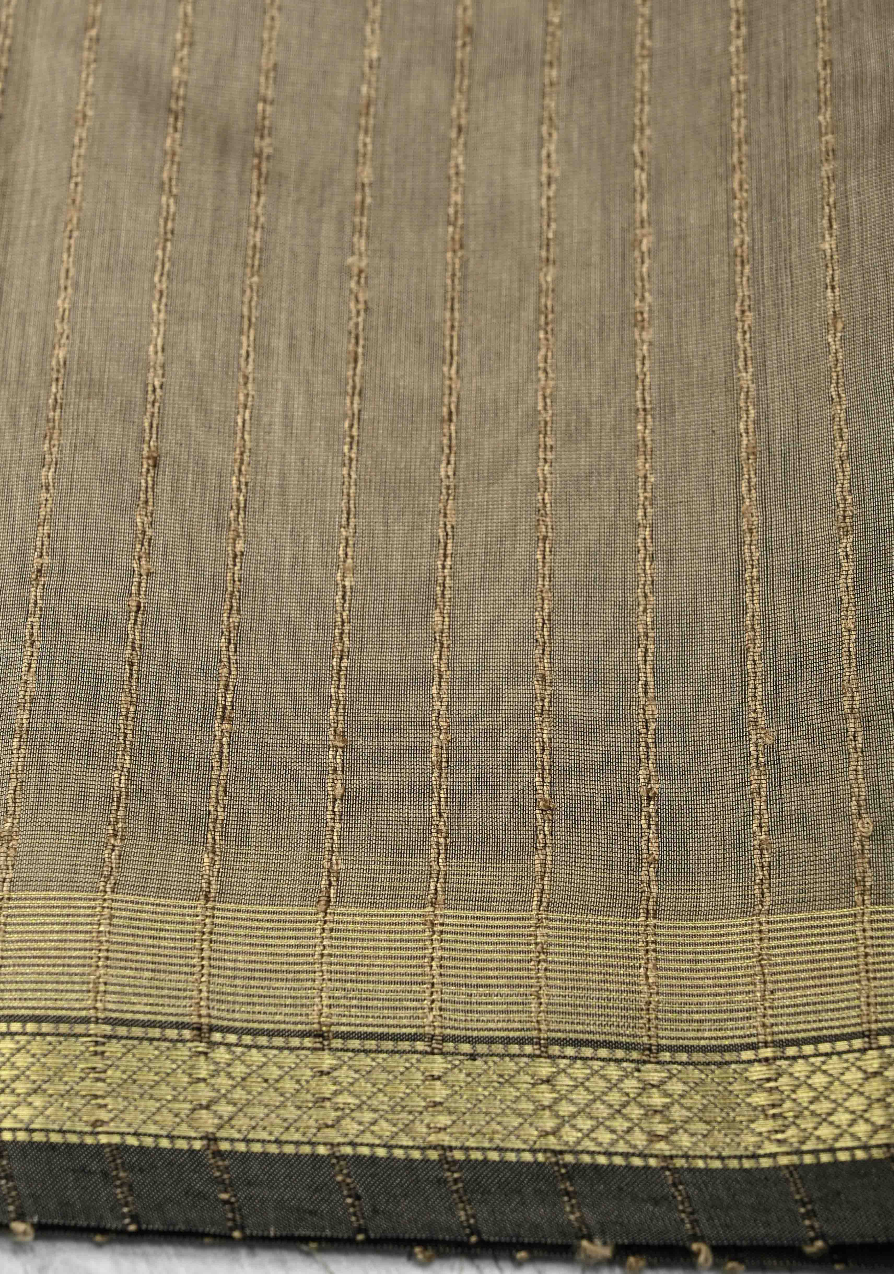 Grayish Brown Handwoven Maheshwari Silk Cotton Saree with Vertical Stripes And Minimal Zari Border | Shobitam
