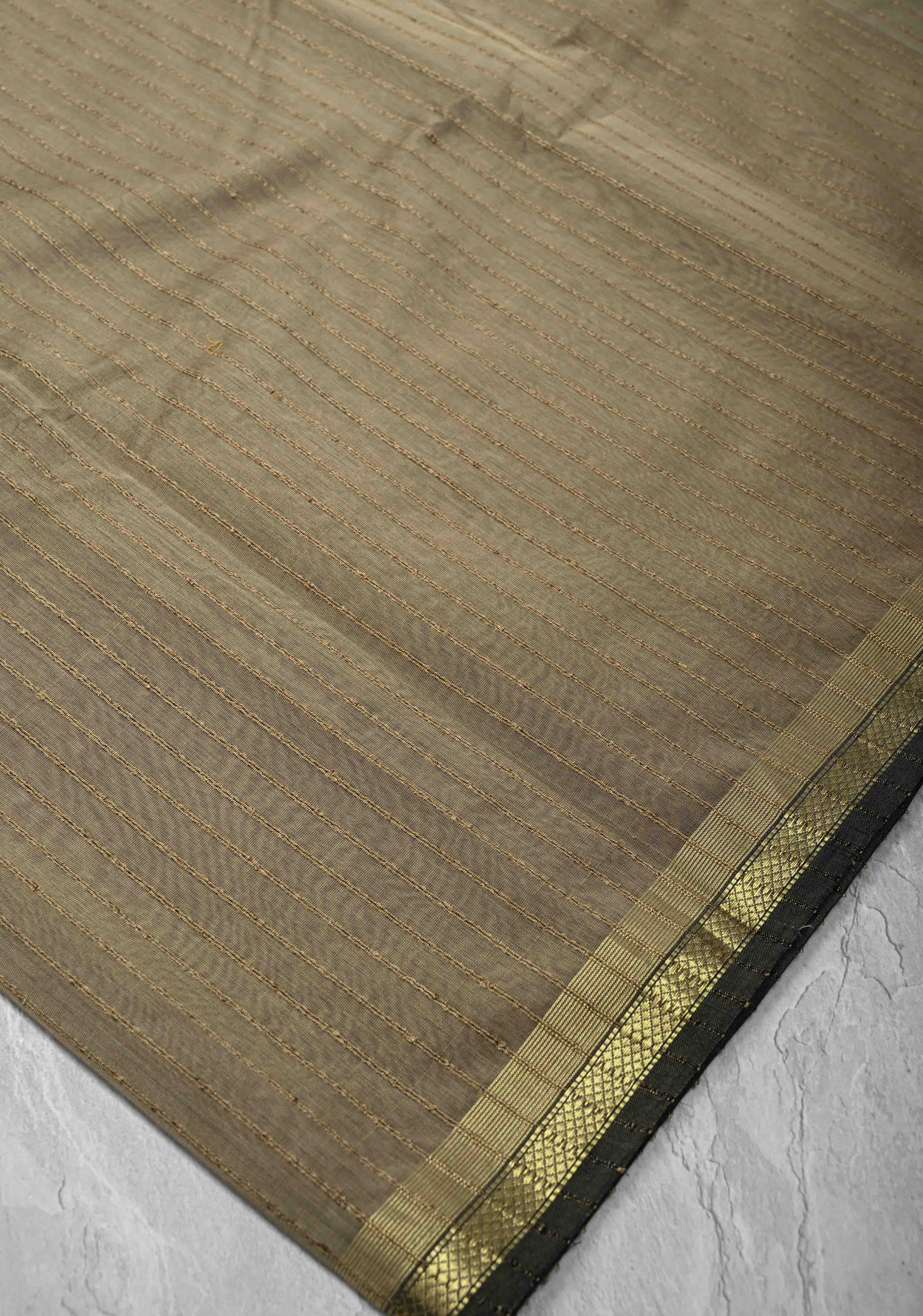 Grayish Brown Handwoven Maheshwari Silk Cotton Saree with Vertical Stripes And Minimal Zari Border | Shobitam