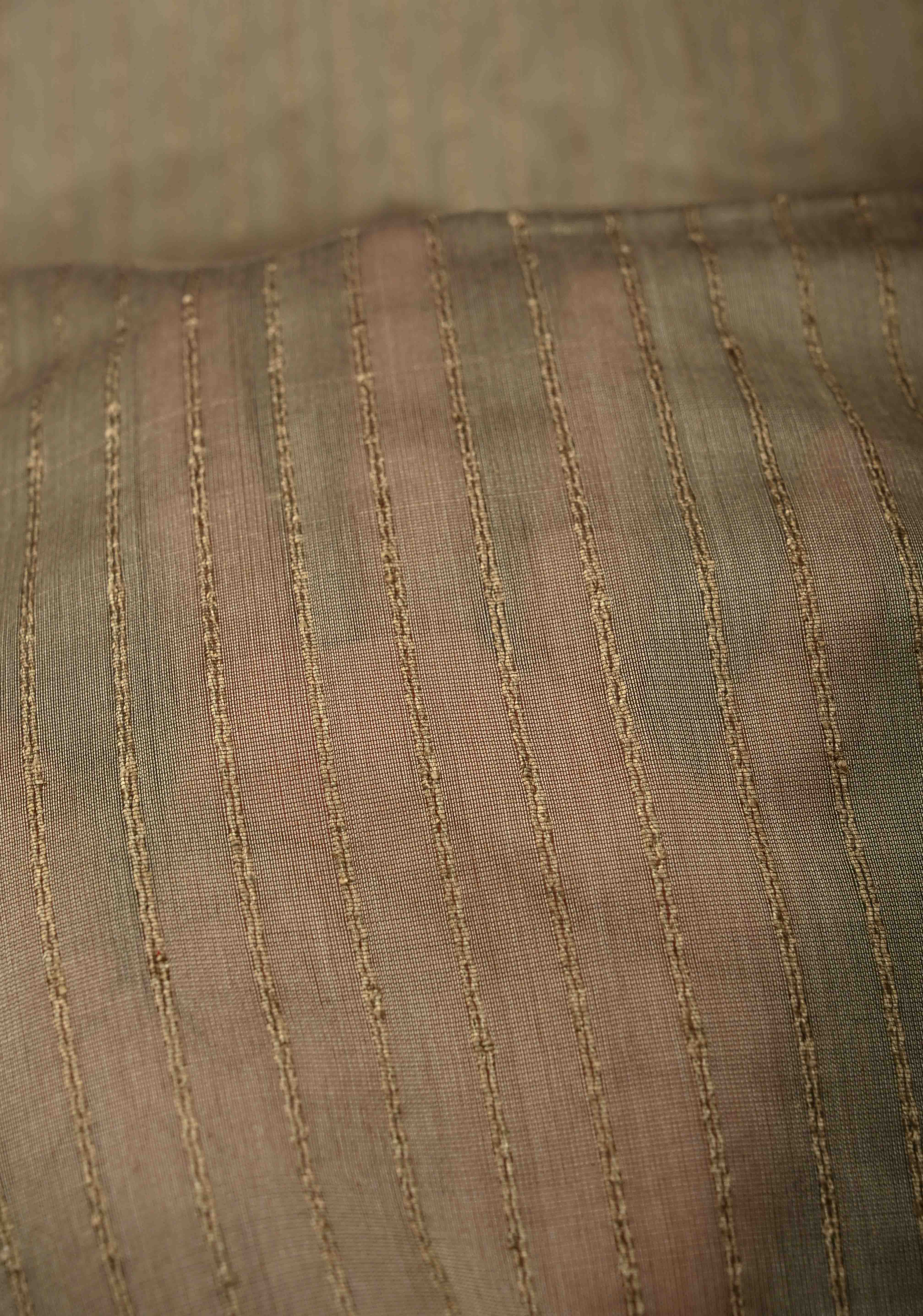 Grayish Brown Handwoven Maheshwari Silk Cotton Saree with Vertical Stripes And Minimal Zari Border | Shobitam