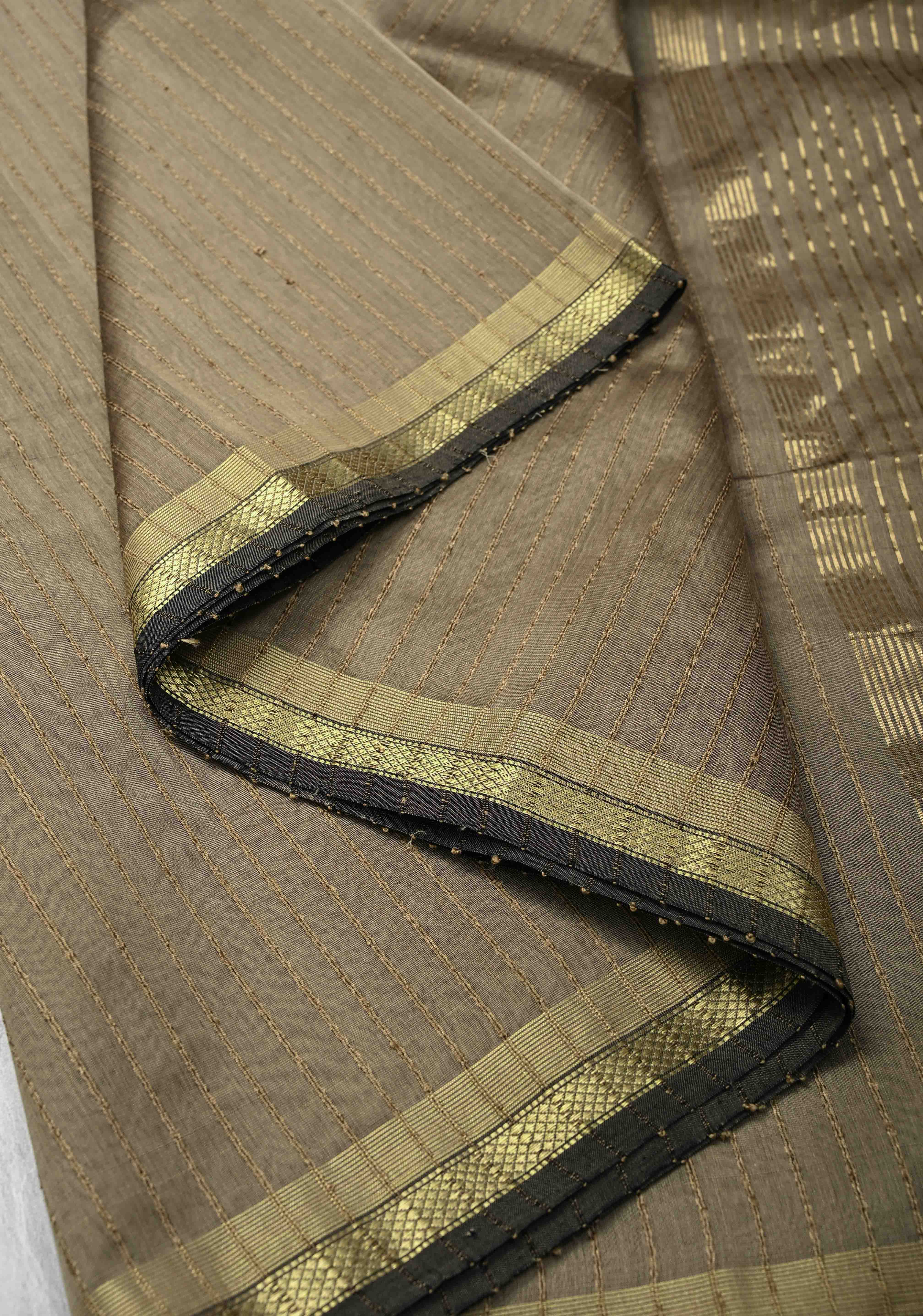 Grayish Brown Handwoven Maheshwari Silk Cotton Saree with Vertical Stripes And Minimal Zari Border | Shobitam