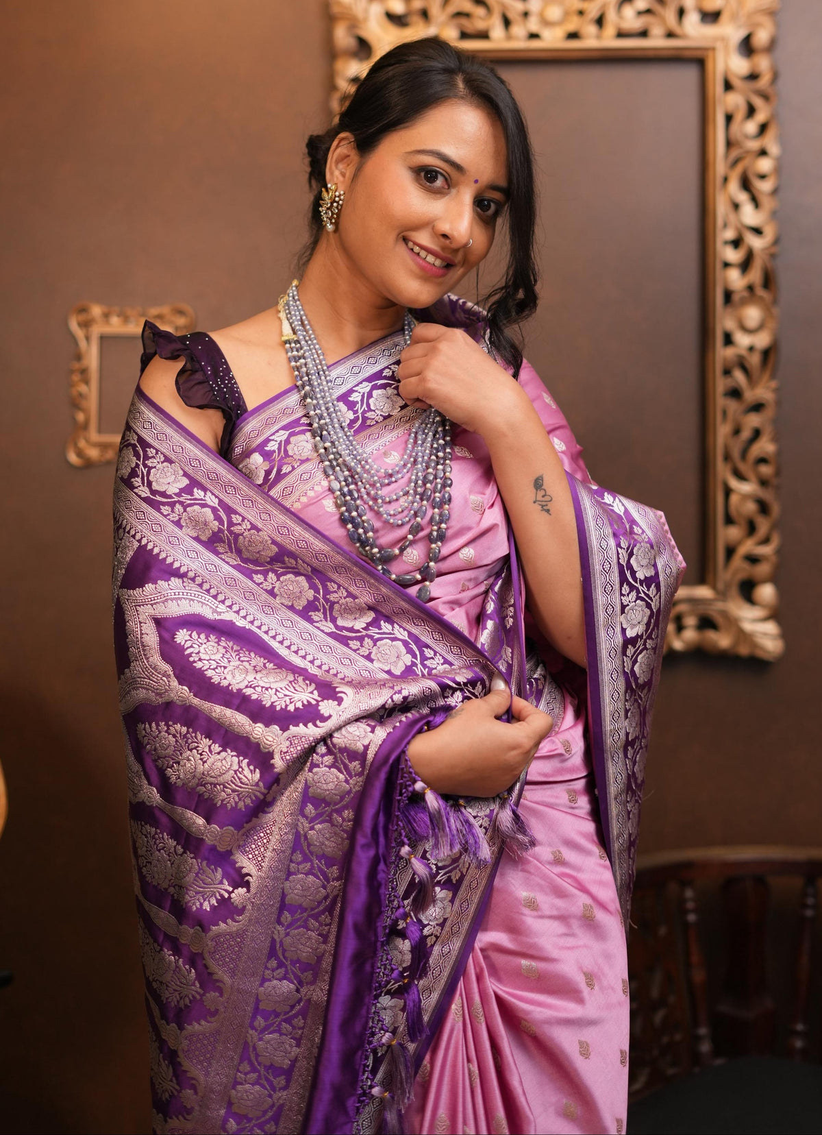 Mauve Banarasi Semi Mashru Silk Saree with Gold Zari Buttas and Contrast Zari Border | SHOBITAM