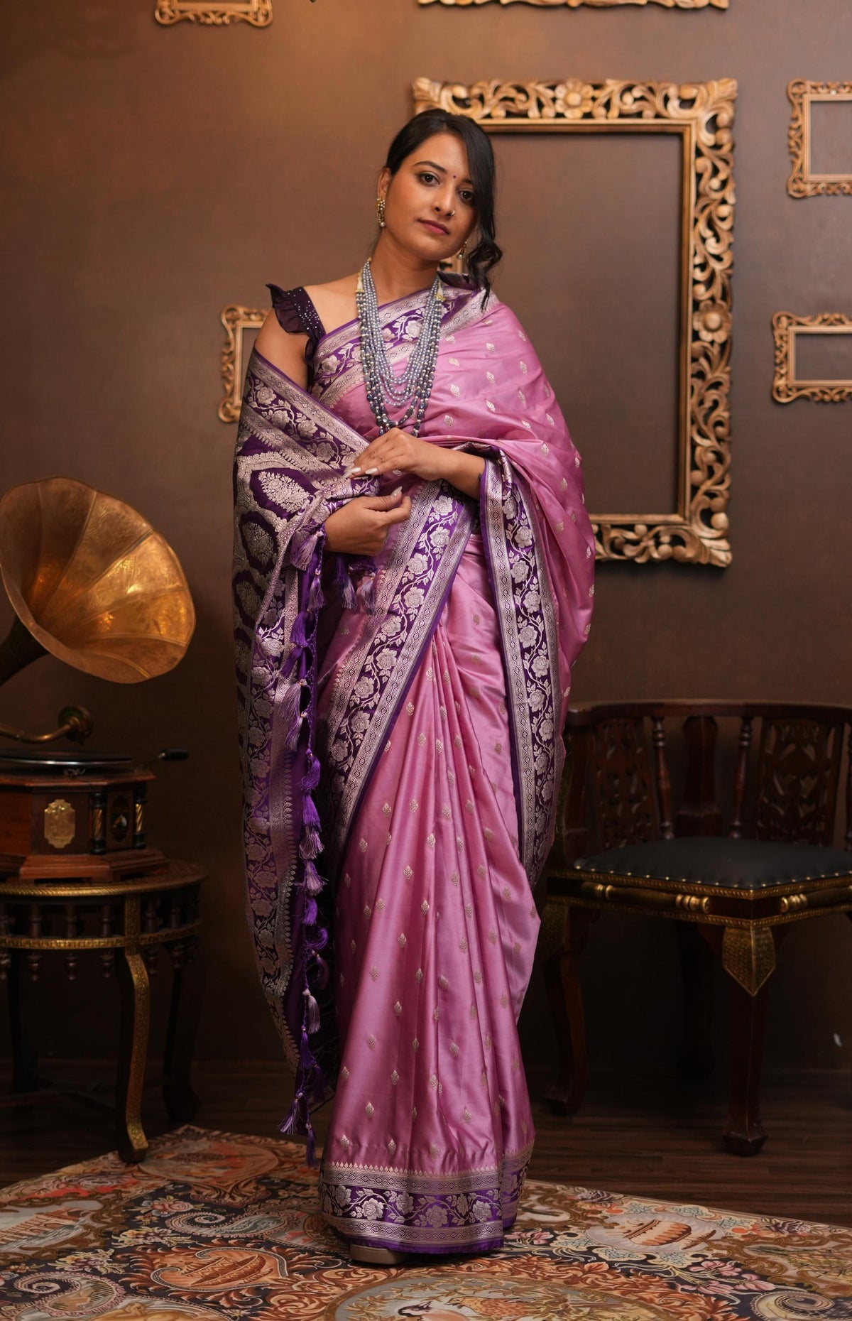 Mauve Banarasi Semi Mashru Silk Saree with Gold Zari Buttas and Contrast Zari Border | SHOBITAM