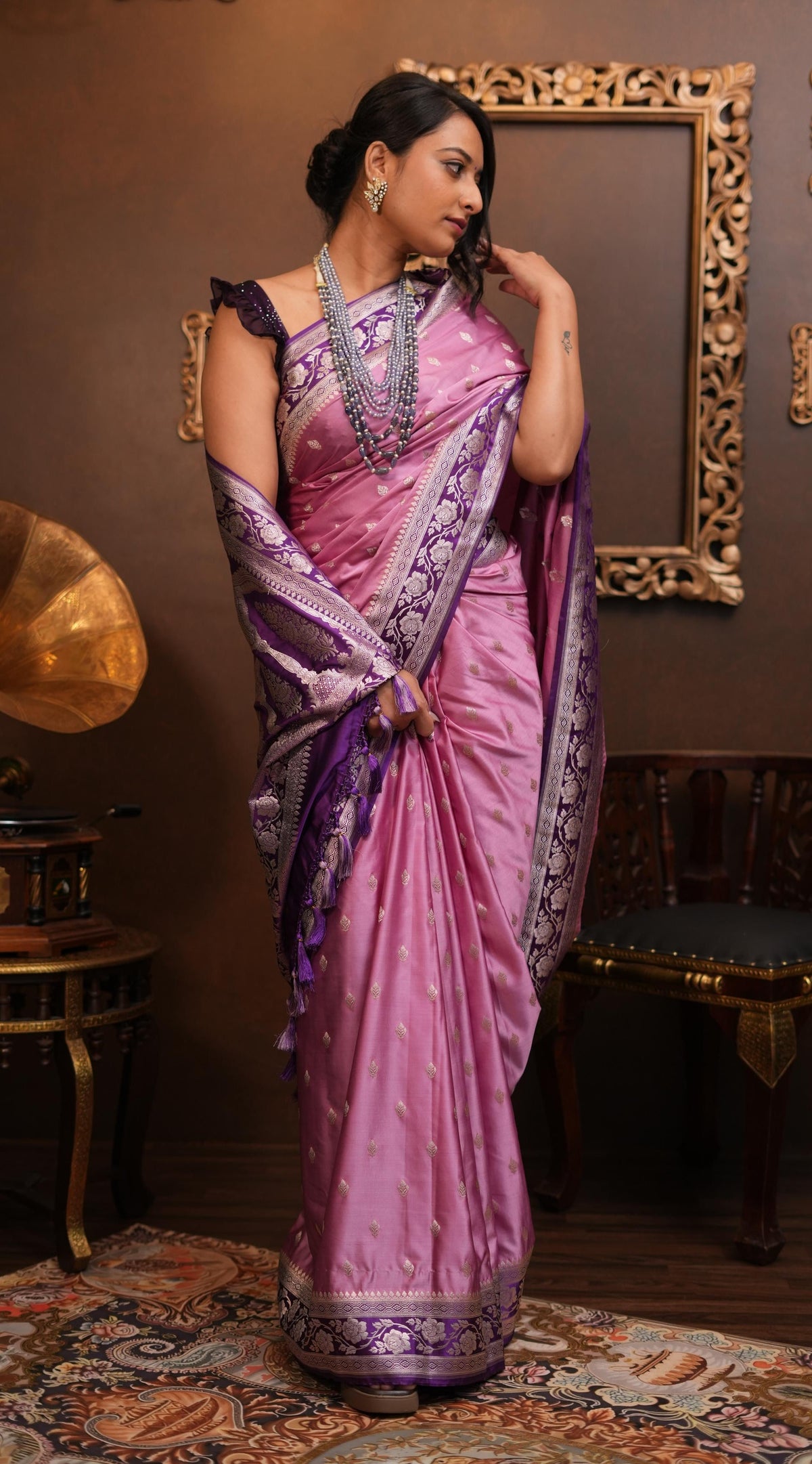 Mauve Banarasi Semi Mashru Silk Saree with Gold Zari Buttas and Contrast Zari Border | SHOBITAM